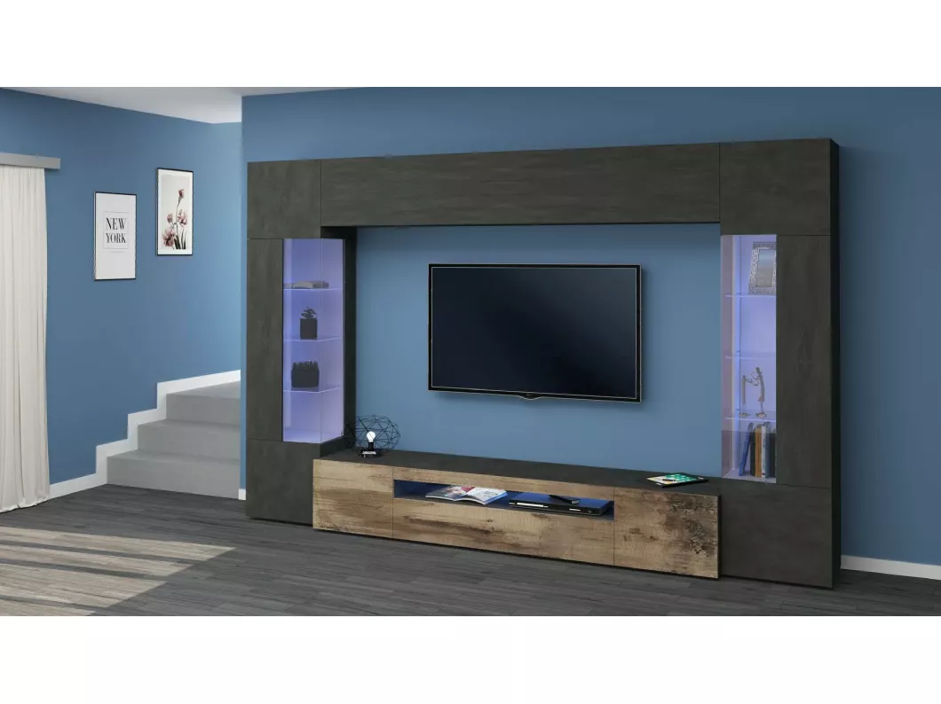 Kauf Unique Wohnzimmermöbel Clementino, Wohnzimmer-Set TV-Möbel mit 6 Türen, Mehrzweck-Wohnzimmermöbel mit LED-Beleuchtung, 100% Made in Italy, cm 290x40h191, Anthrazit und Ahorn