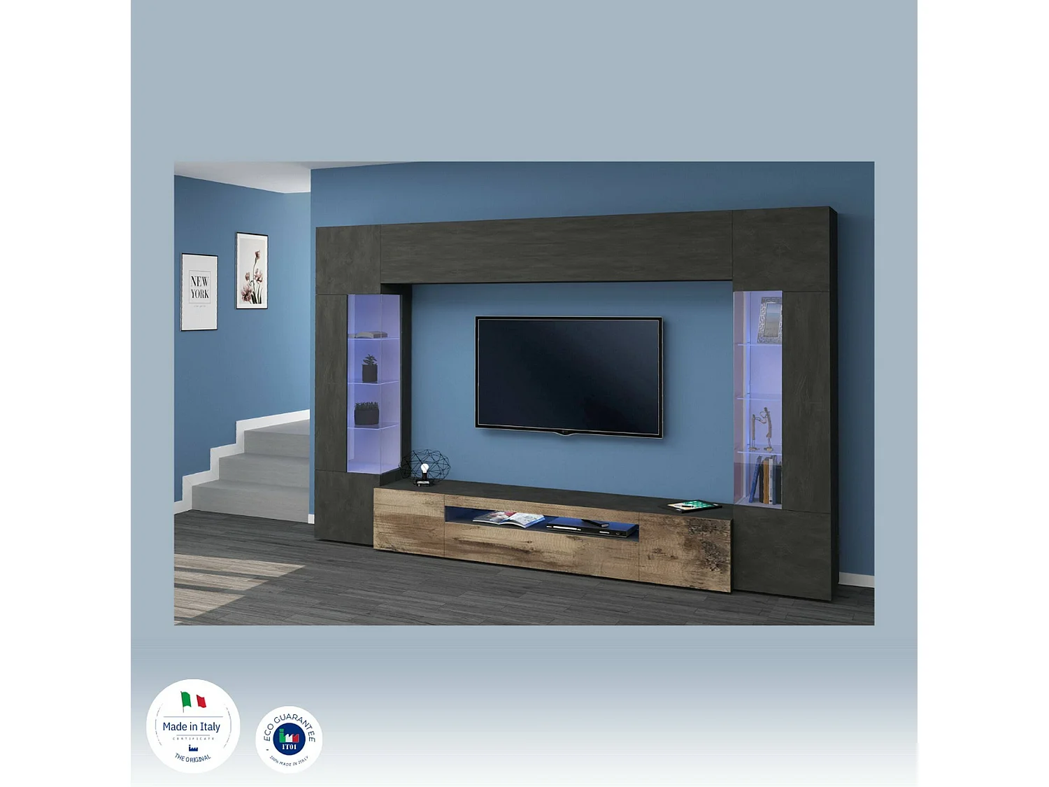 Dmora Wandsysteem Clementino 40x290x191h cm Antraciet Zwart 14 Planken Deur- en Klapopeningen, 18 Vakjes Made in Italy