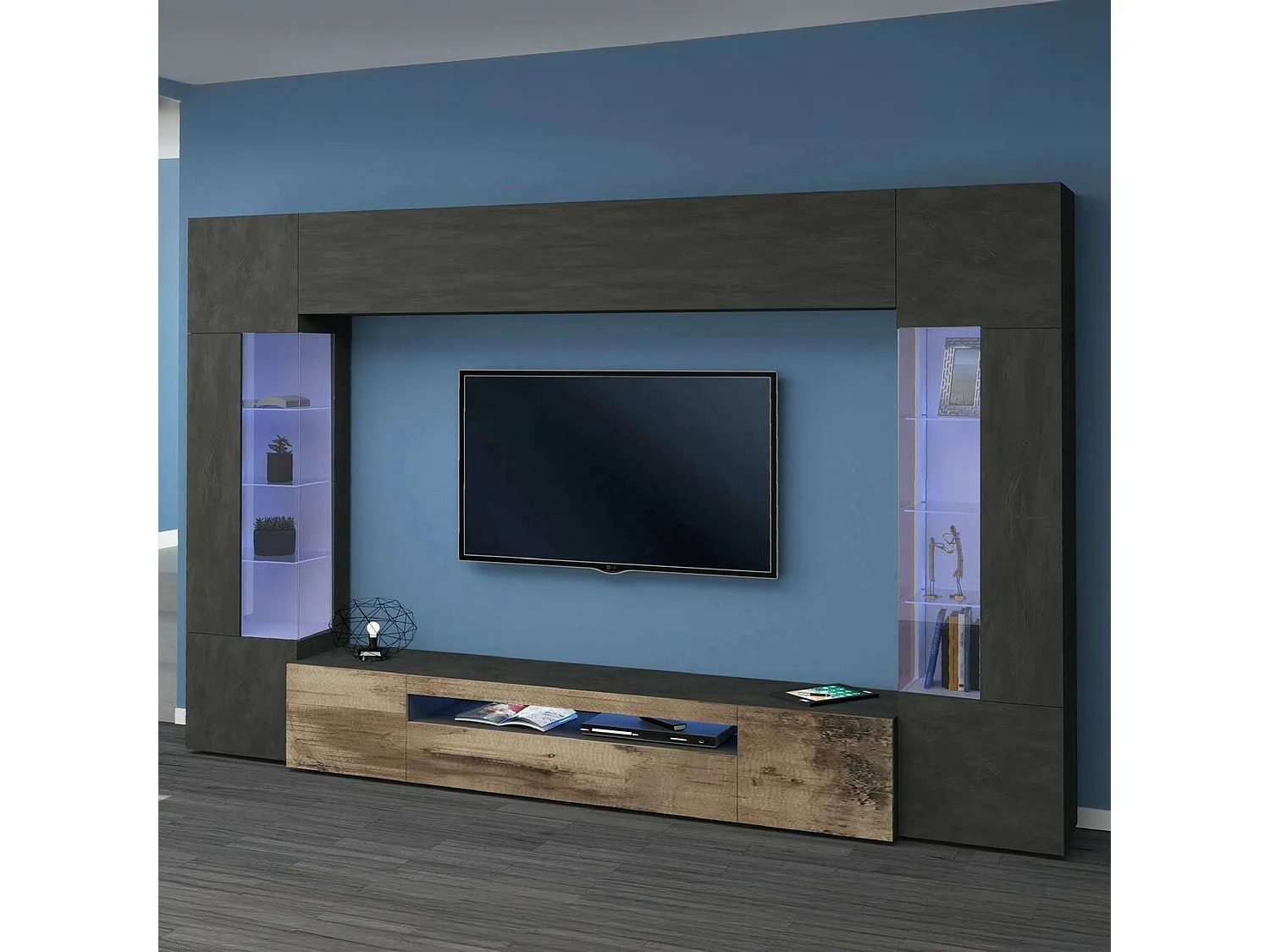 Pared Equipada Clementino, Conjunto de salón Mueble TV con 6 puertas, Mueble de salón polivalente con luz LED, 100% Made in Italy, cm 290x40h191, Antracita y Arce