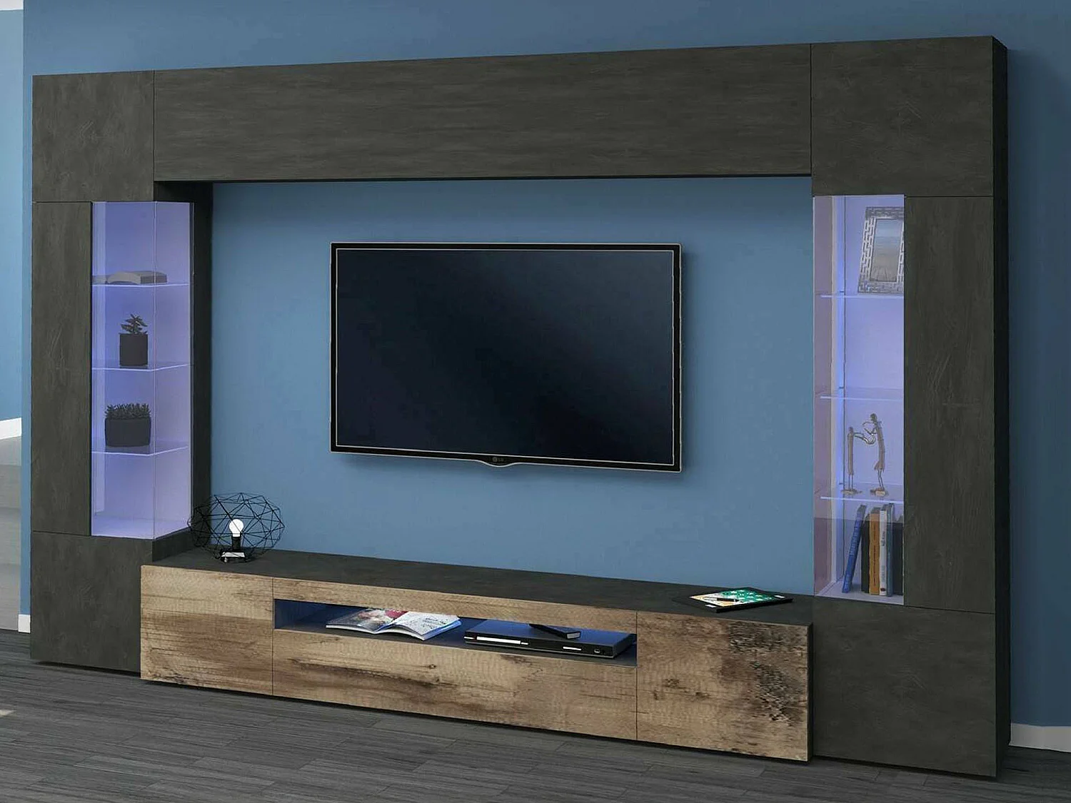Pared Equipada Clementino, Conjunto de salón Mueble TV con 6 puertas, Mueble de salón polivalente con luz LED, 100% Made in Italy, cm 290x40h191, Antracita y Arce