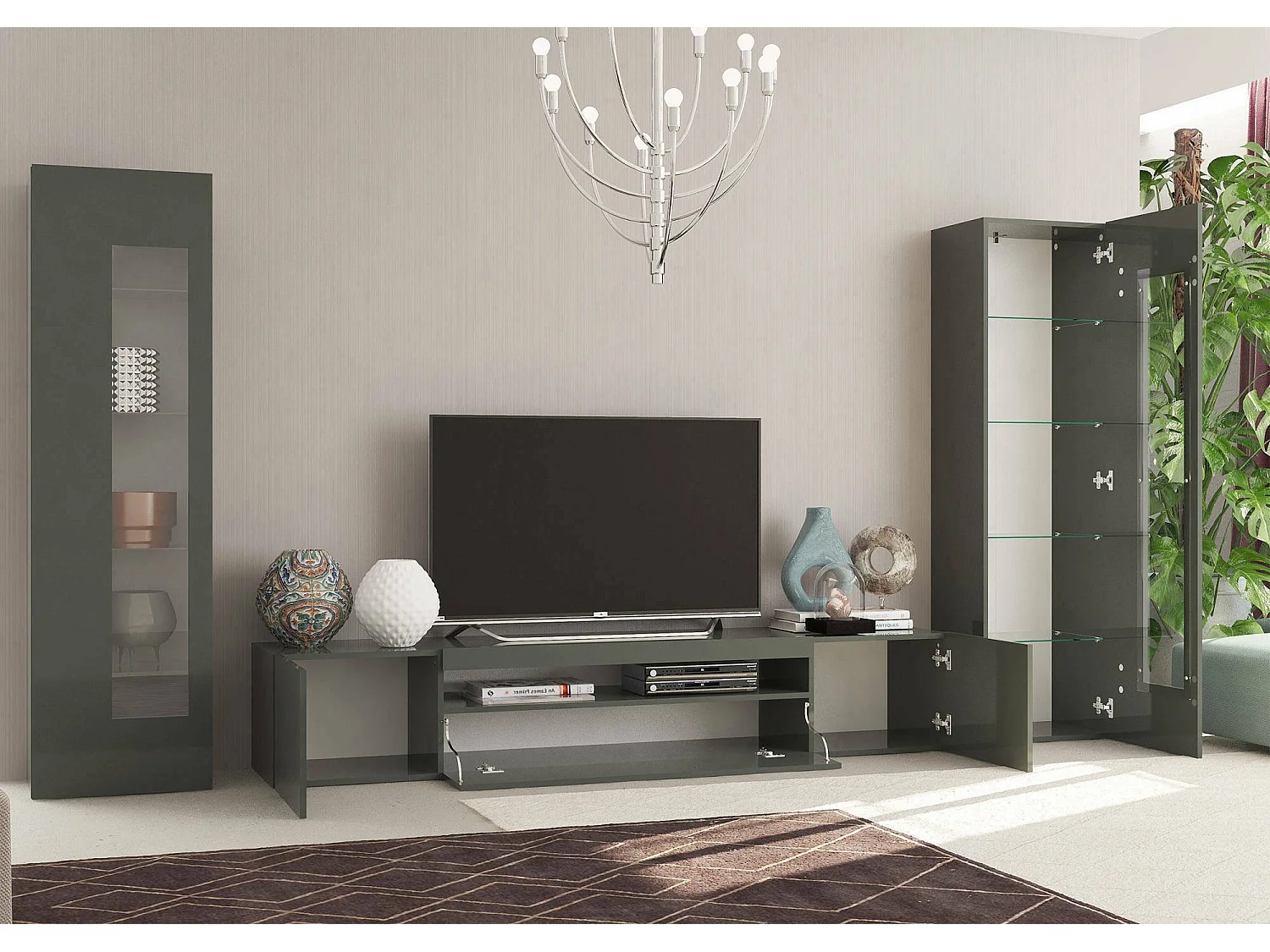 Ensemble mural Enzo, meuble TV pour salon, meuble de salon polyvalent, 100% Made in Italy, 290x40h162 cm, Anthracite Brillant