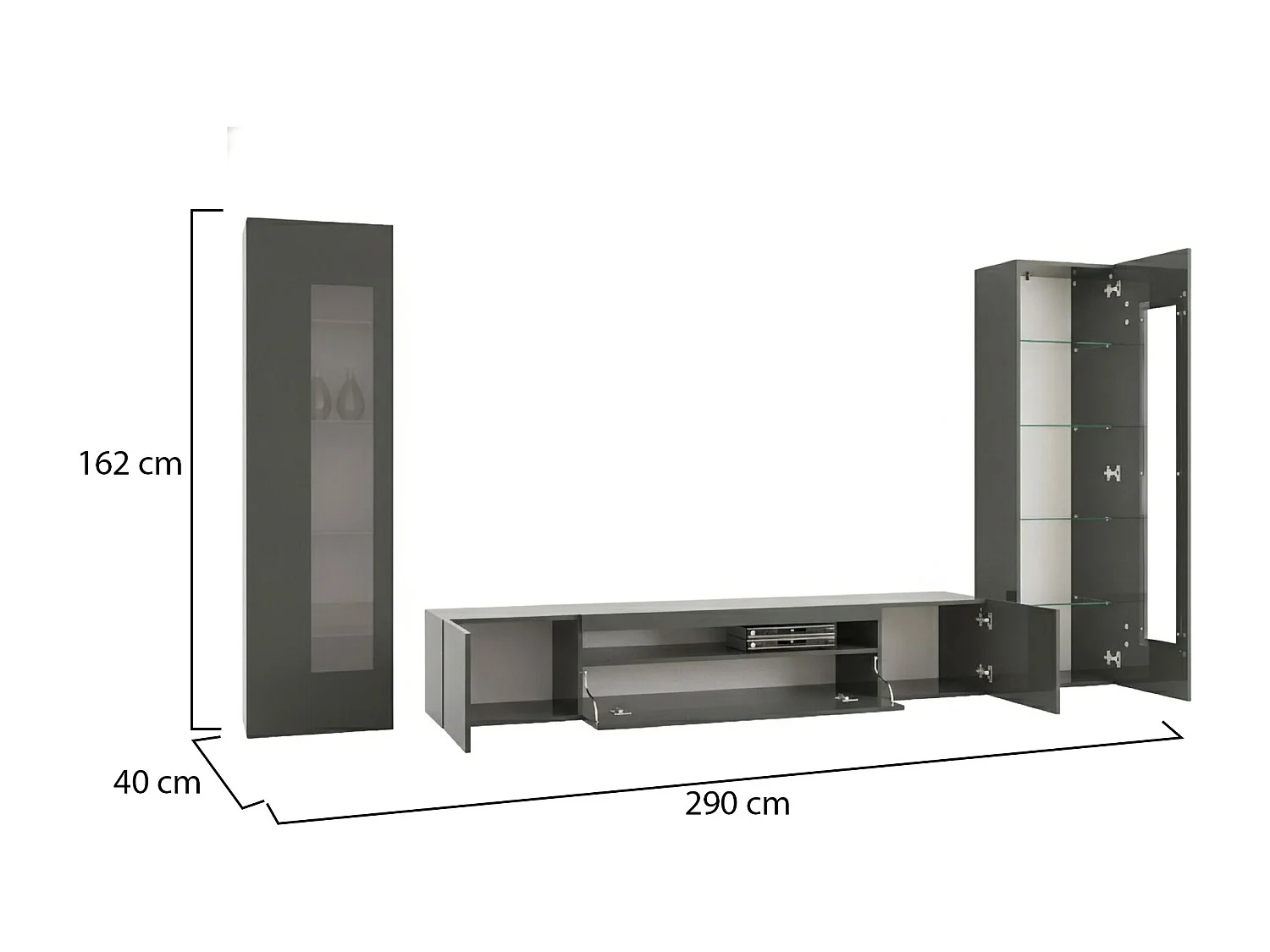 Ensemble mural Enzo, meuble TV pour salon, meuble de salon polyvalent, 100% Made in Italy, 290x40h162 cm, Anthracite Brillant