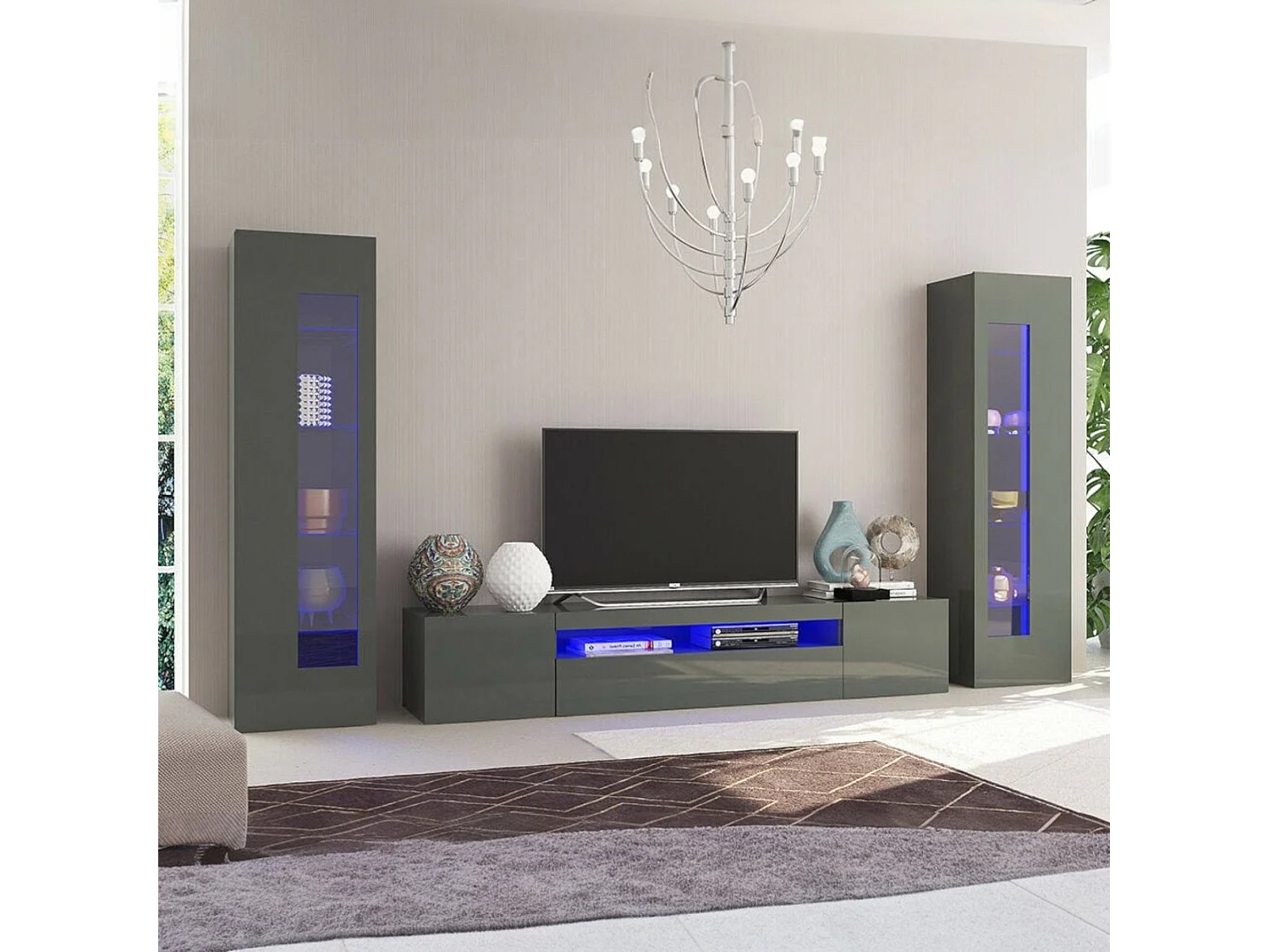 Ensemble mural Enzo, meuble TV pour salon, meuble de salon polyvalent, 100% Made in Italy, 290x40h162 cm, Anthracite Brillant