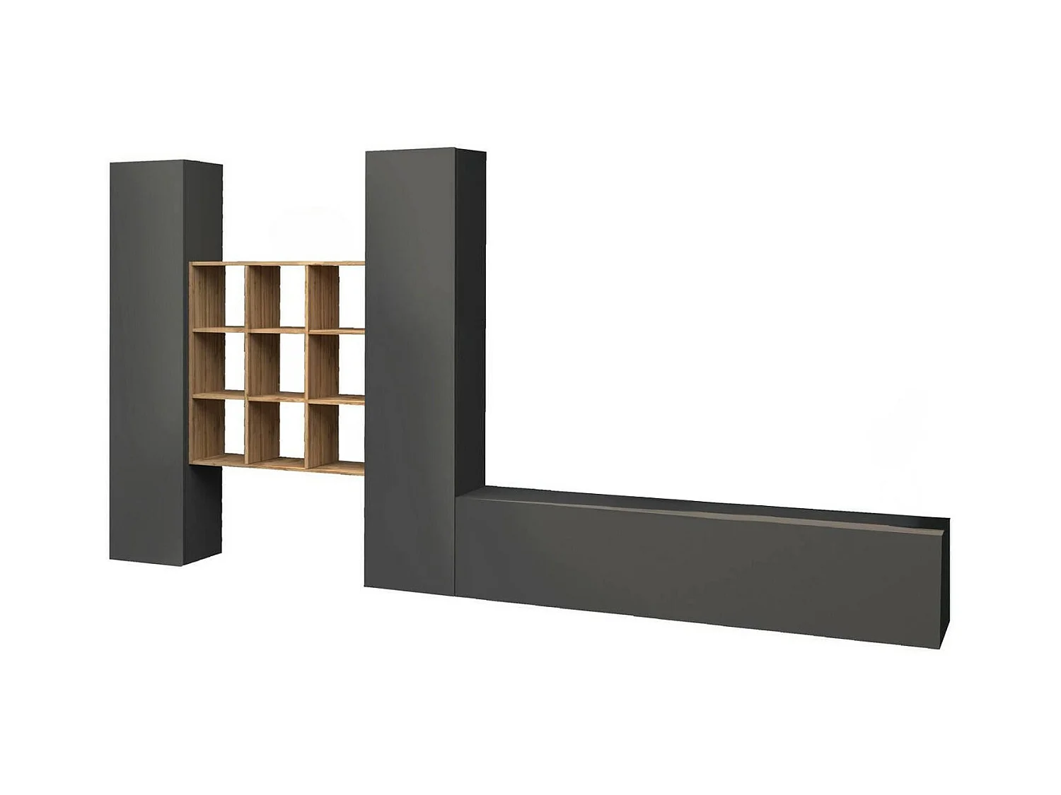 Élément mural Denis, meuble TV 3 portes, Meuble de salon polyvalent, 100% Made in Italy, 270x30h180 cm, Anthracite et Érable