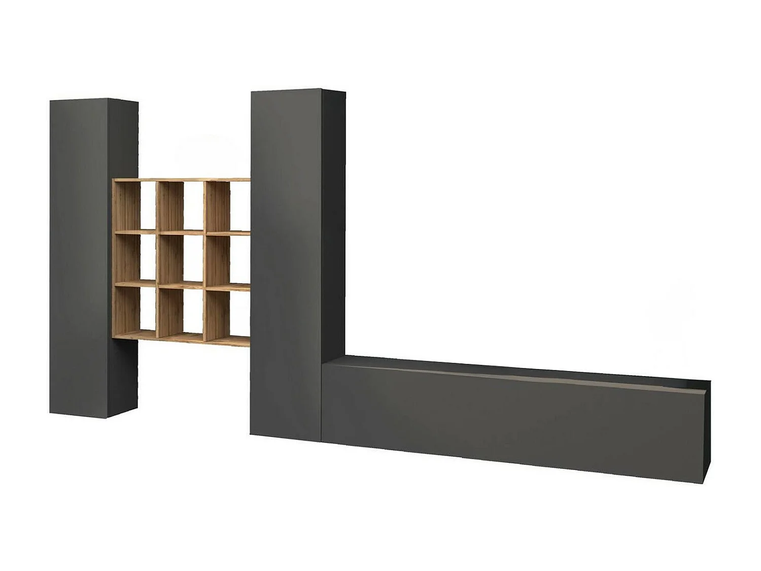 Dmora Parete Attrezzata Denis 30x270x180h cm Nero Antracite 18 Ripiani 3 Ante, 21 Vani Made in Italy