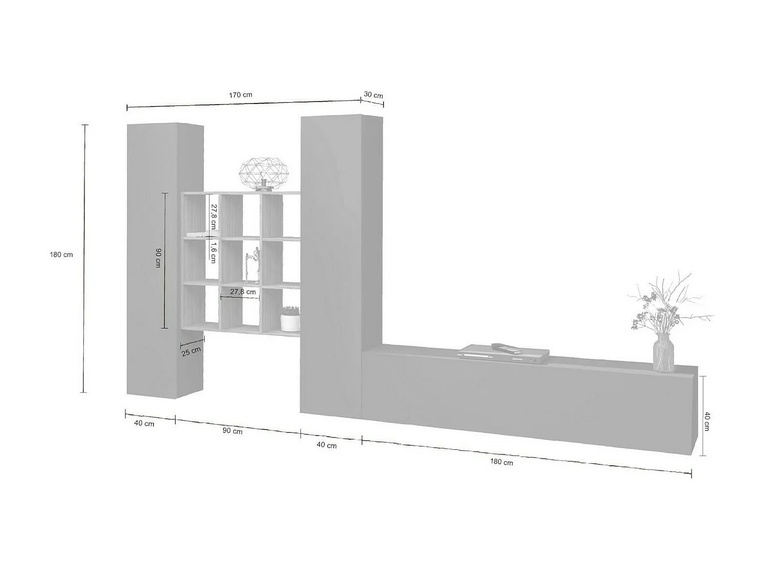 Dmora Parete Attrezzata Denis 30x270x180h cm Nero Antracite 18 Ripiani 3 Ante, 21 Vani Made in Italy