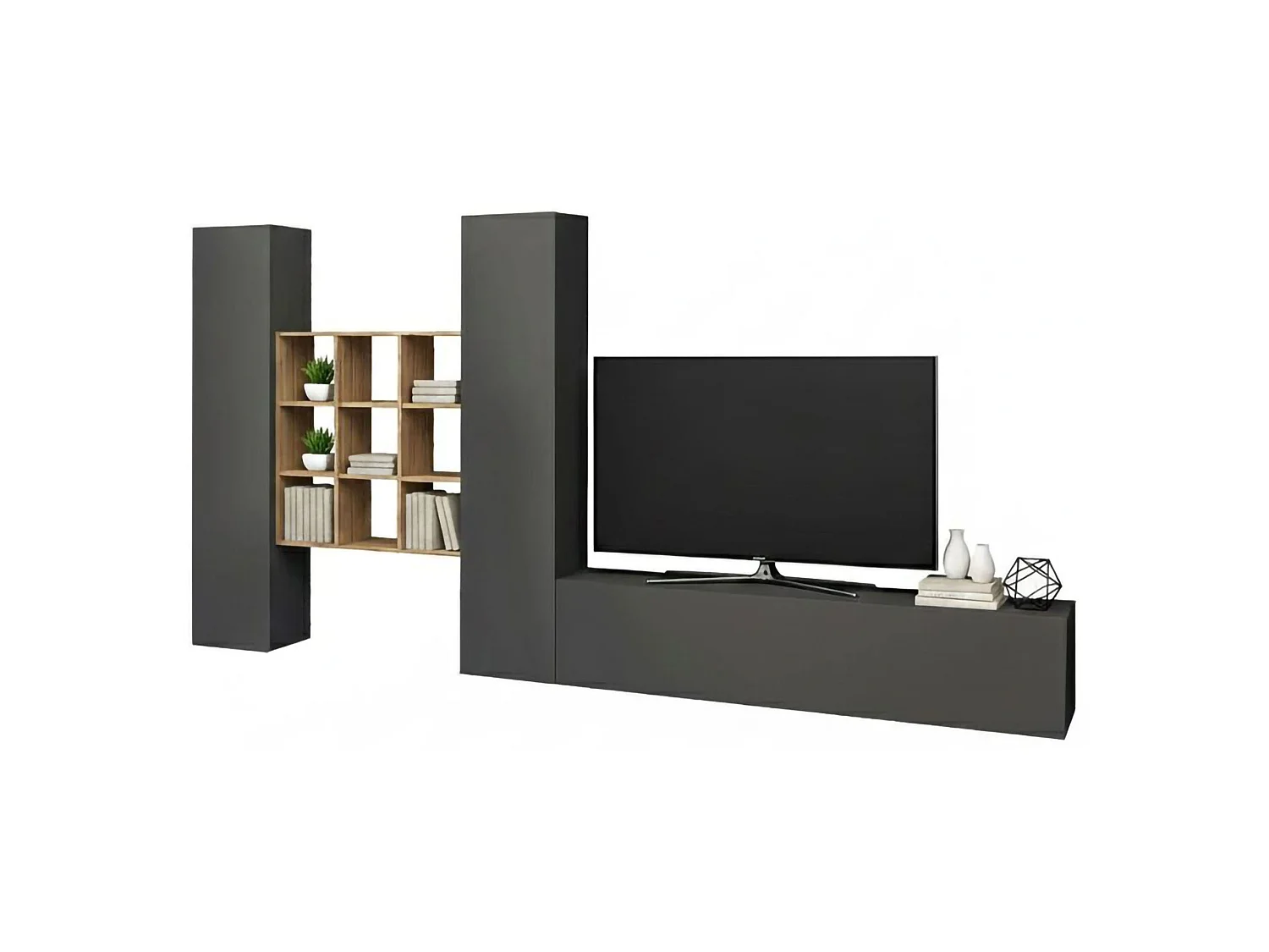 Dmora Wandmeubel Denis 30x270x180h cm Zwart Antraciet 18 Planken Klap- en Valdeur, 21 Vakjes Made in Italy