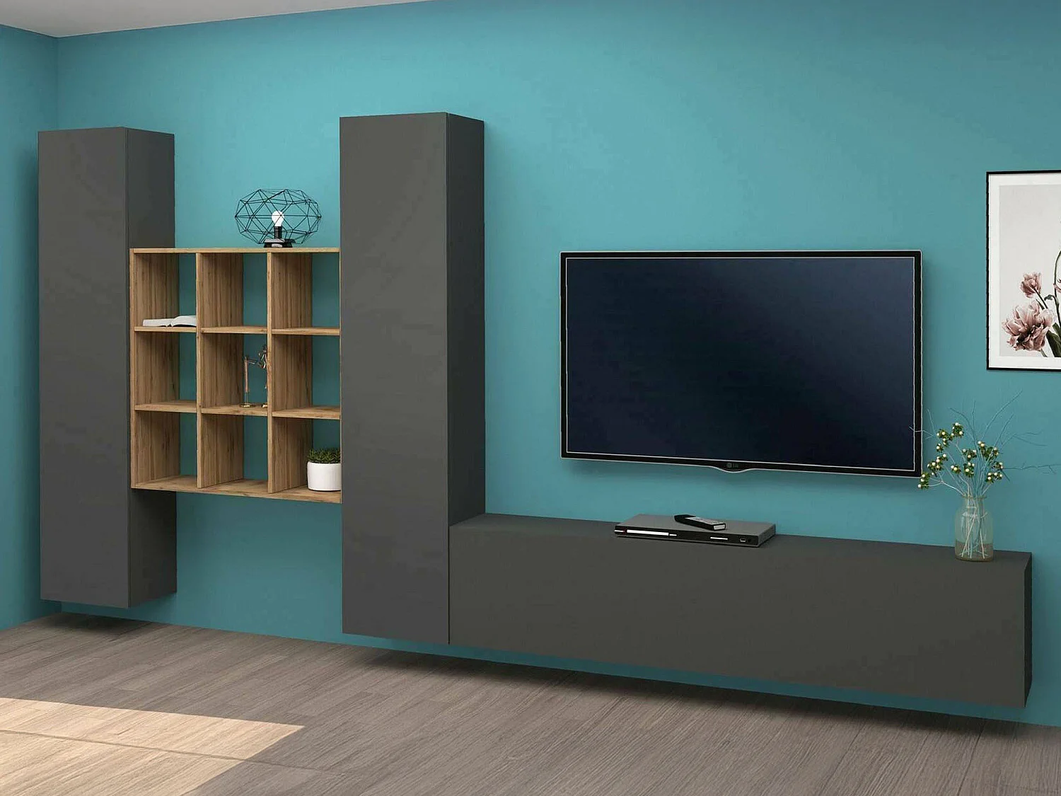 Dmora Wandmeubel Denis 30x270x180h cm Zwart Antraciet 18 Planken Klap- en Valdeur, 21 Vakjes Made in Italy