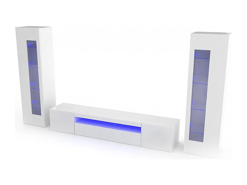 Ensemble mural Enzo, meuble TV pour salon, meuble de salon polyvalent avec lumière LED, 100% Made in Italy, 290x40h162 cm, Blanc brillant