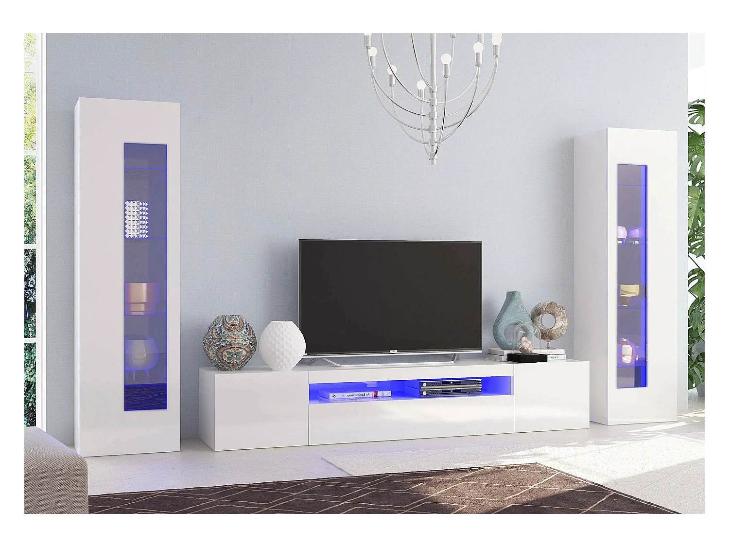 Enzo wandmeubel, TV-meubel woonkamerset, Multifunctioneel woonkamermeubel met LED-licht, 100% Made in Italy, 290x40h162 cm, Glanzend wit