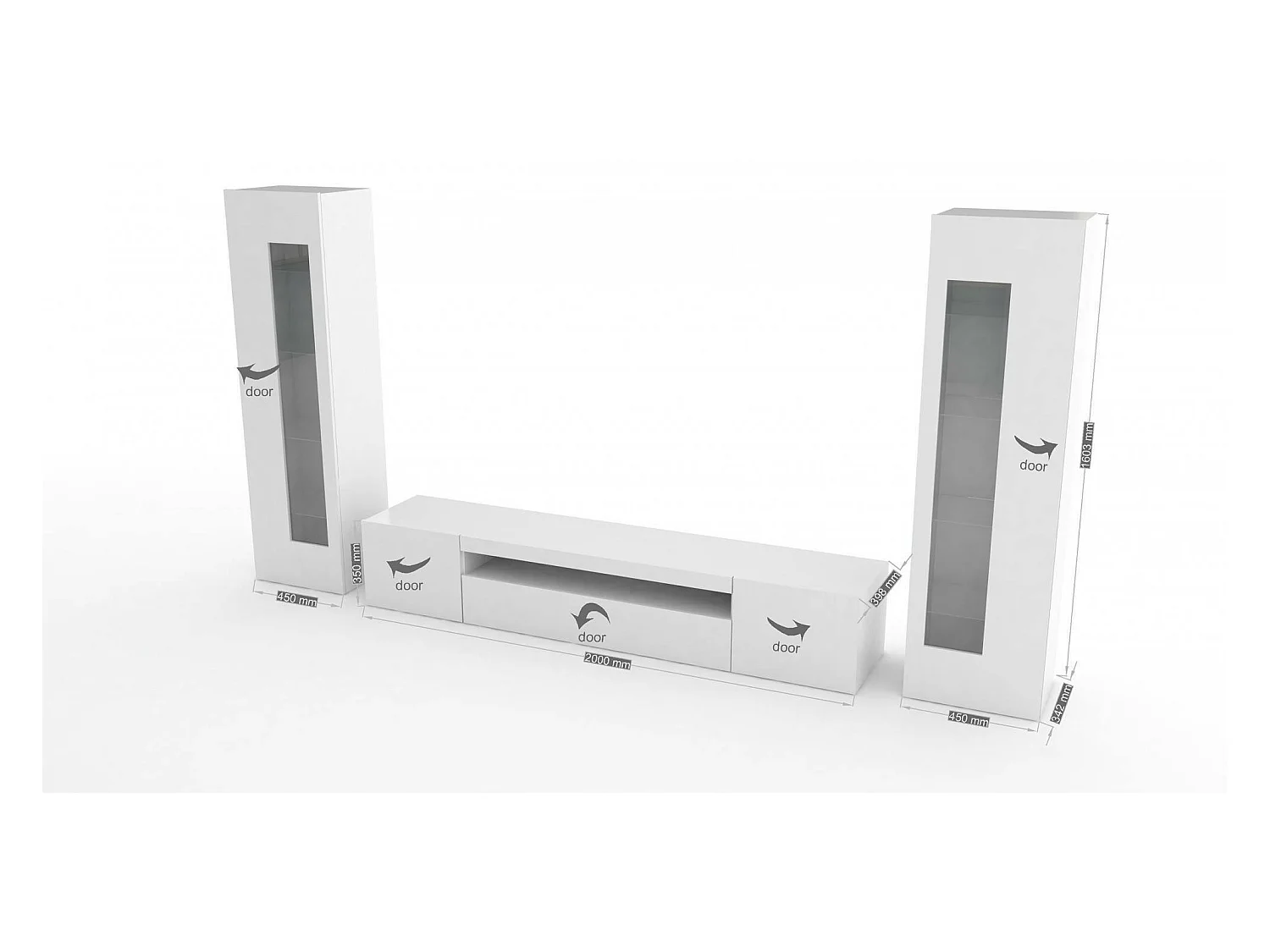 Enzo wandmeubel, TV-meubel woonkamerset, Multifunctioneel woonkamermeubel met LED-licht, 100% Made in Italy, 290x40h162 cm, Glanzend wit