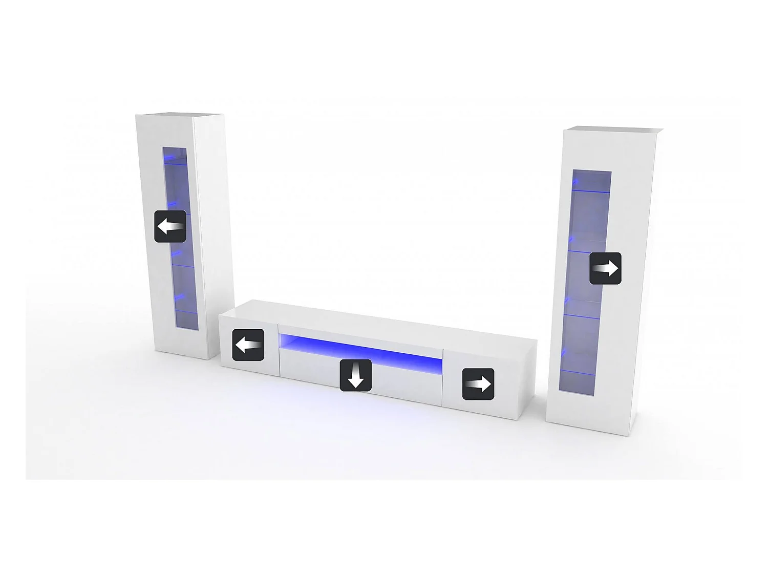 Enzo wandmeubel, TV-meubel woonkamerset, Multifunctioneel woonkamermeubel met LED-licht, 100% Made in Italy, 290x40h162 cm, Glanzend wit