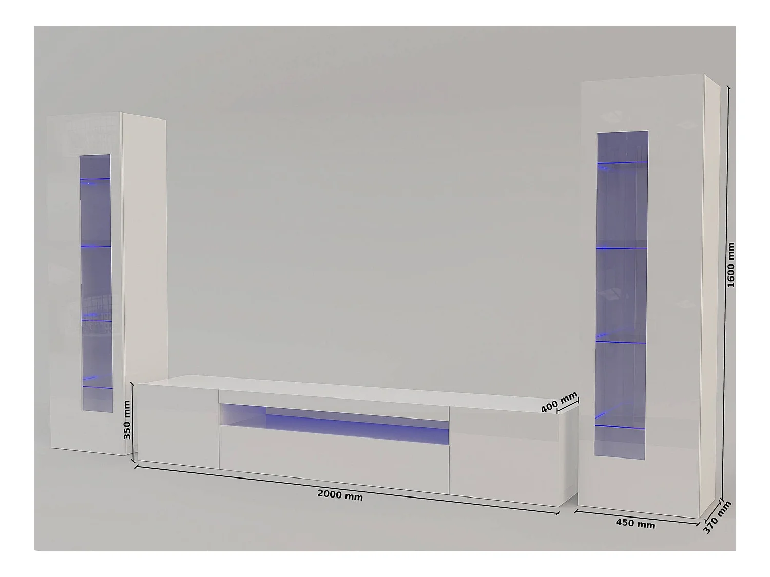 Enzo wandmeubel, TV-meubel woonkamerset, Multifunctioneel woonkamermeubel met LED-licht, 100% Made in Italy, 290x40h162 cm, Glanzend wit