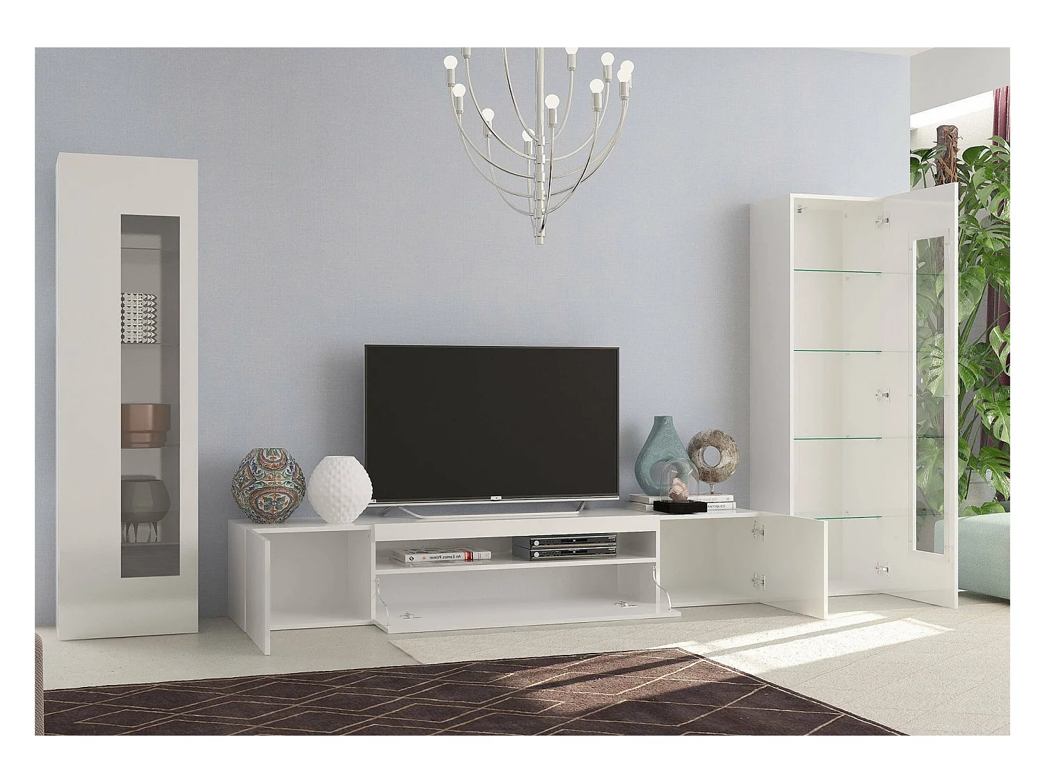 Enzo wandmeubel, TV-meubel woonkamerset, Multifunctioneel woonkamermeubel met LED-licht, 100% Made in Italy, 290x40h162 cm, Glanzend wit