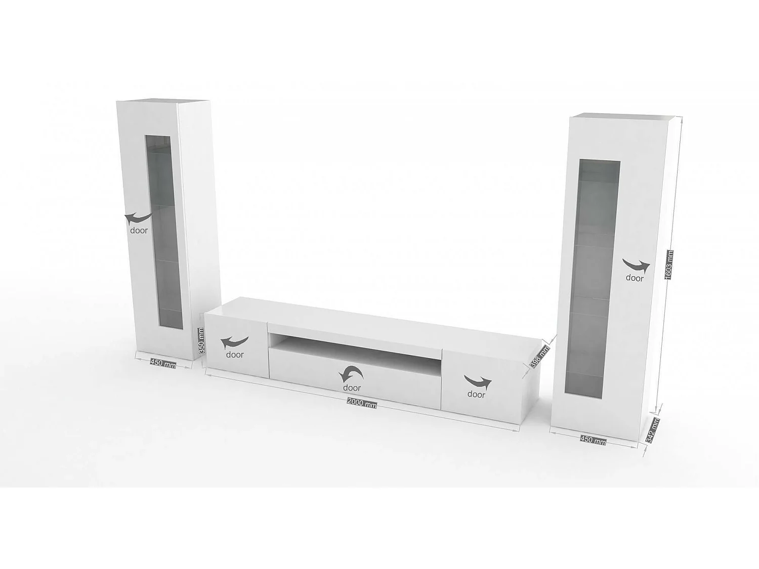 Móvel de parede Enzo, móvel de sala de TV, móvel de sala multiuso com luz LED, 100% Fabricado na Itália, 290x40h162 cm, Branco brilhante