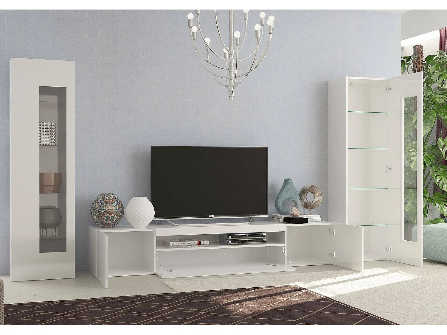 Móvel de parede Enzo, móvel de sala de TV, móvel de sala multiuso com luz LED, 100% Fabricado na Itália, 290x40h162 cm, Branco brilhante