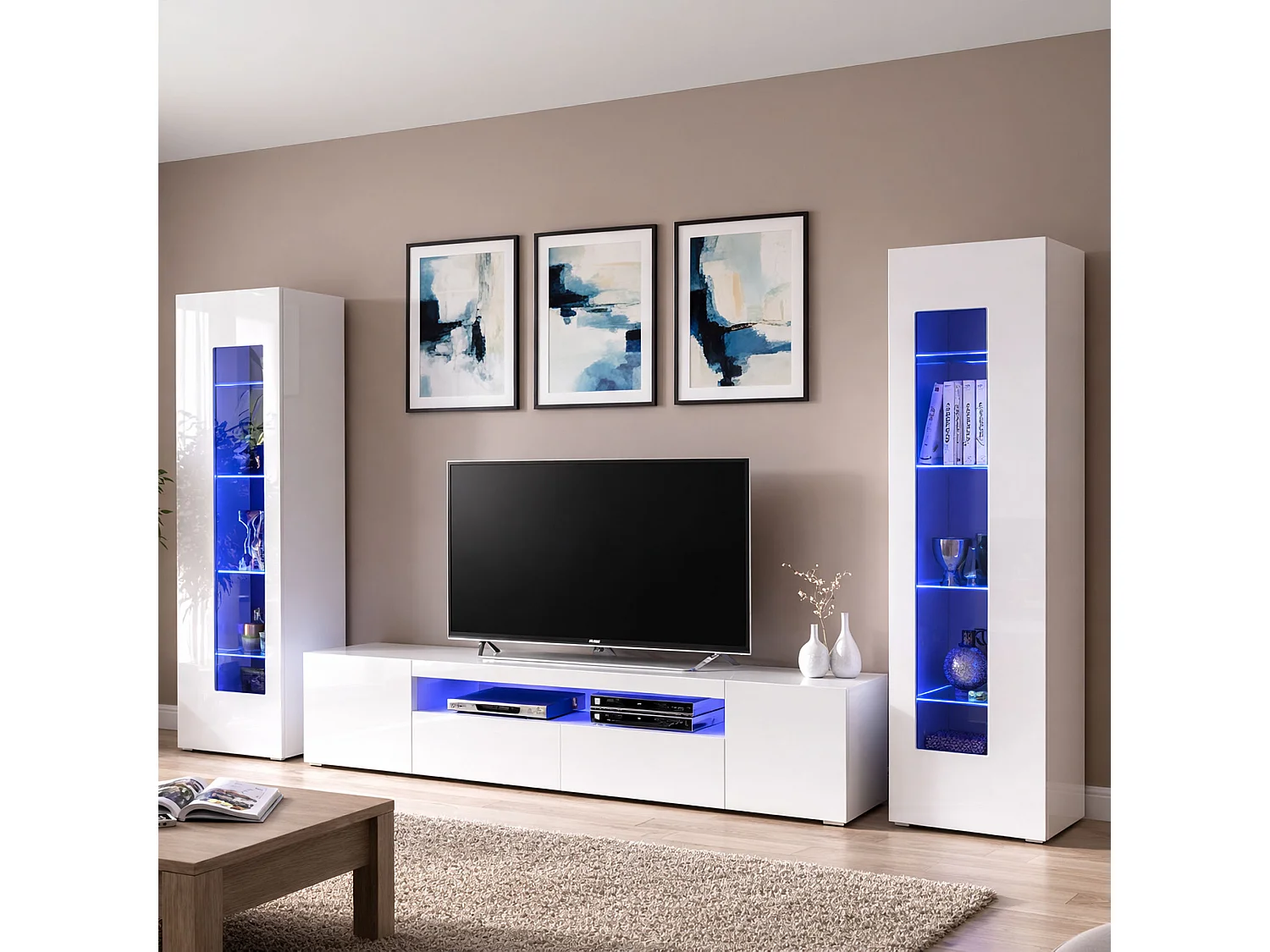 Ensemble mural Enzo, meuble TV pour salon, meuble de salon polyvalent avec lumière LED, 100% Made in Italy, 290x40h162 cm, Blanc brillant