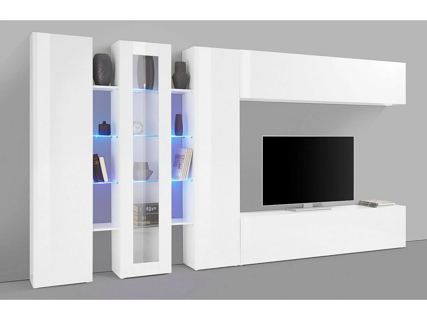 Pared Equipada Bruno, Conjunto de salón Mueble de TV con 3 puertas, Mueble de salón polivalente con luz LED, 100% Made in Italy, cm 340x30h180, Blanco brillante