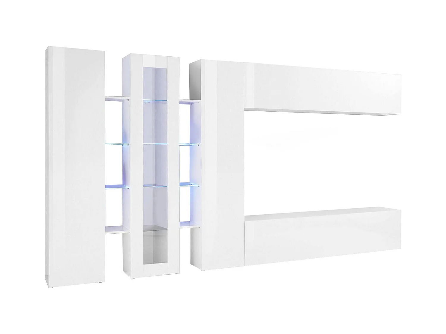 Pared Equipada Bruno, Conjunto de salón Mueble de TV con 3 puertas, Mueble de salón polivalente con luz LED, 100% Made in Italy, cm 340x30h180, Blanco brillante