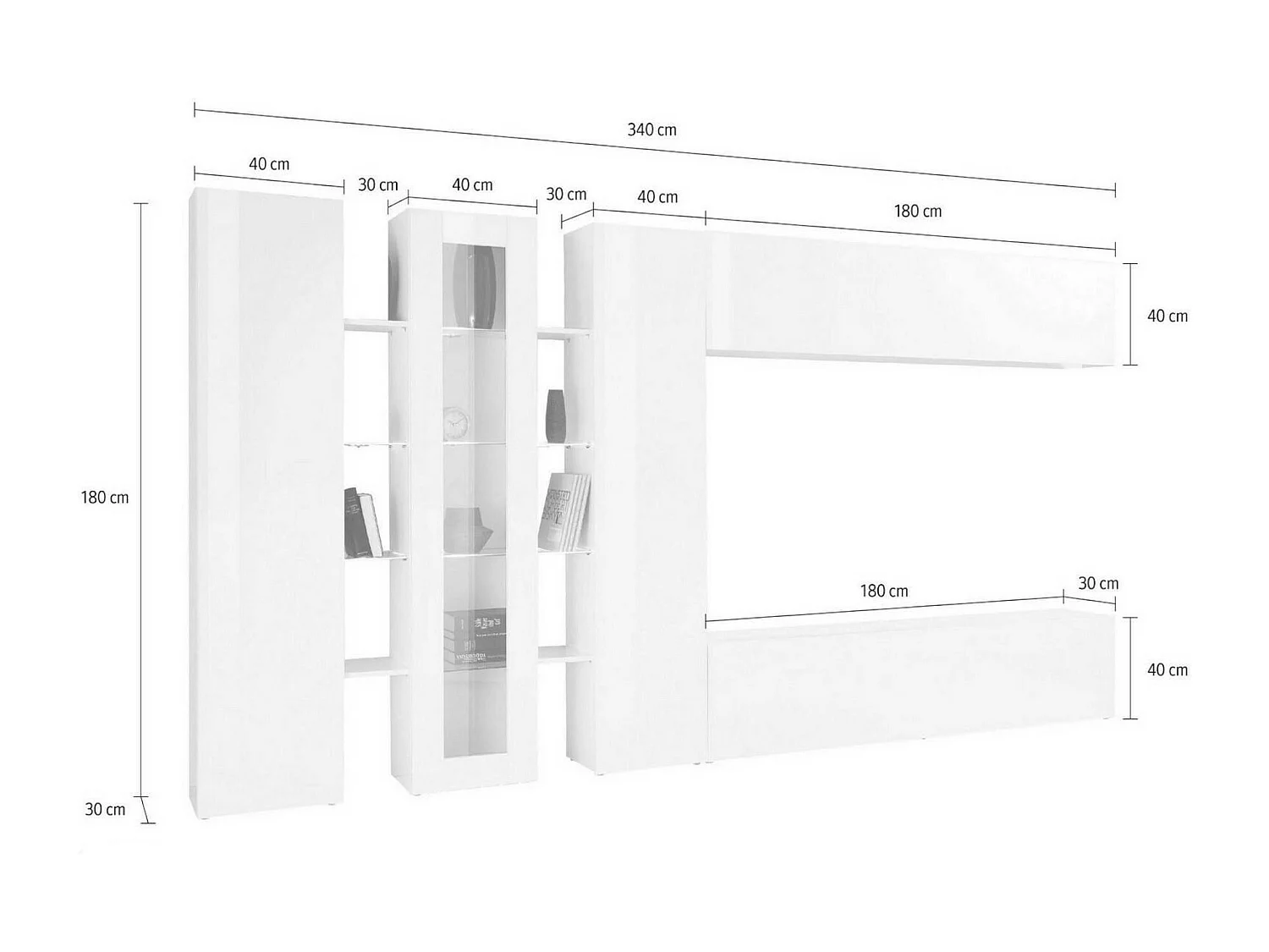 Dmora Woonkamerkast Bruno 30x340x180h cm Wit Glanzend, 22 Planken, Draaideuren en Klepdeuren, 4 Deuren Made in Italy