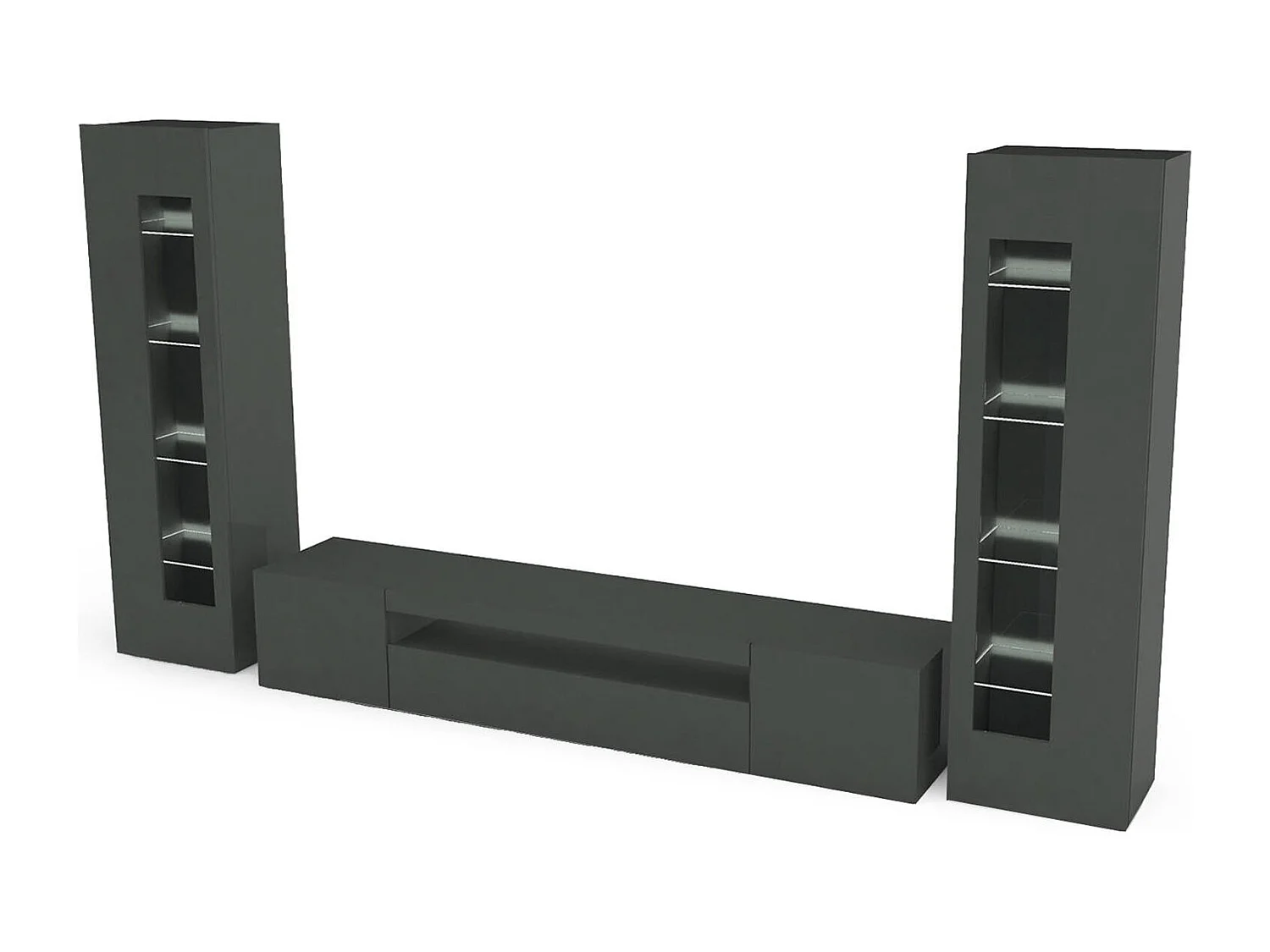 Enzo wandmeubel, TV-meubel woonkamerset, Multifunctioneel woonkamermeubel met LED-licht, 100% Made in Italy, 290x40h162 cm, Glanzend Antraciet