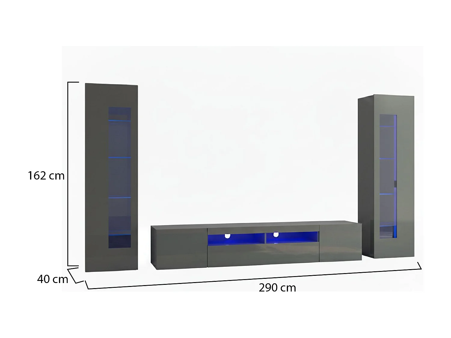 Ensemble mural Enzo, meuble TV pour salon, meuble de salon polyvalent avec lumière LED, 100% Made in Italy, 290x40h162 cm, Anthracite Brillant