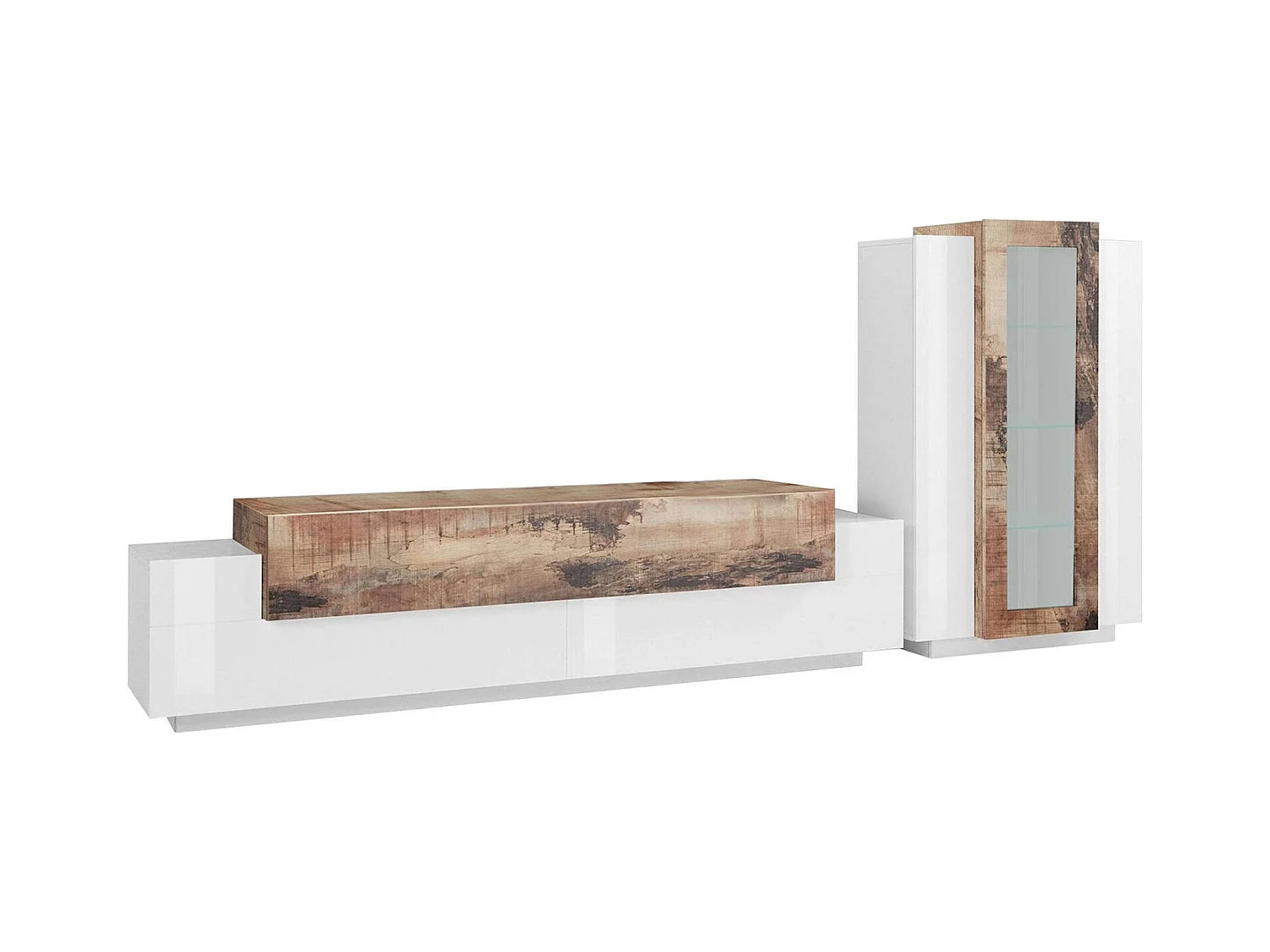 Mirko wandsysteem, TV-meubel woonkamerset, Multifunctioneel woonkamermeubilair, 100% Made in Italy, 280x45h121 cm, Glanzend wit en esdoorn