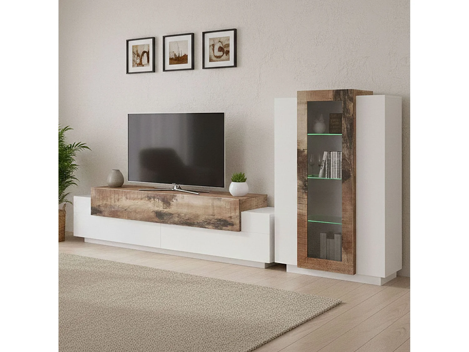 Dmora Wandmeubel Mirko 45x280x121h cm Glanzend Wit 12 Verstelbare Planken, 6 Deuren Made in Italy