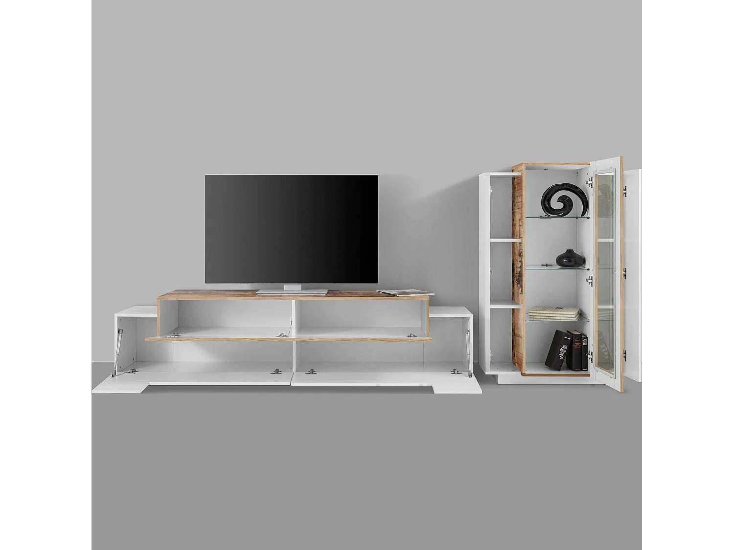 Dmora Wandmeubel Mirko 45x280x121h cm Glanzend Wit 12 Verstelbare Planken, 6 Deuren Made in Italy