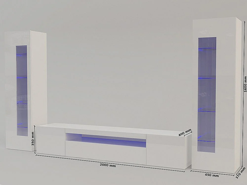 Móvel de parede Enzo, móvel de sala de TV, móveis de sala multiuso, 100% fabricado na Itália, 290x40h162 cm, branco brilhante