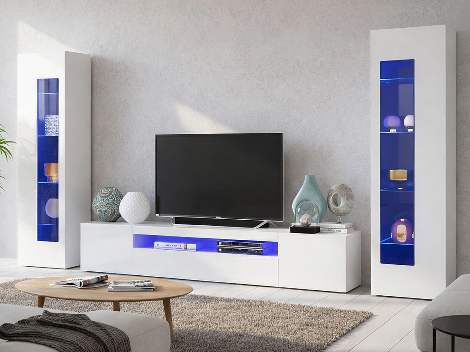 Unité murale Enzo, meuble TV pour salon, meuble de salon polyvalent, 100% Made in Italy, 290x40h162 cm, Blanc brillant