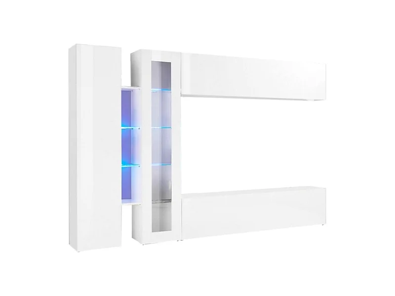 Système mural Costante, meuble TV 4 portes, meuble de salon polyvalent, 100% Made in Italy, 280x30x180 cm, blanc brillant
