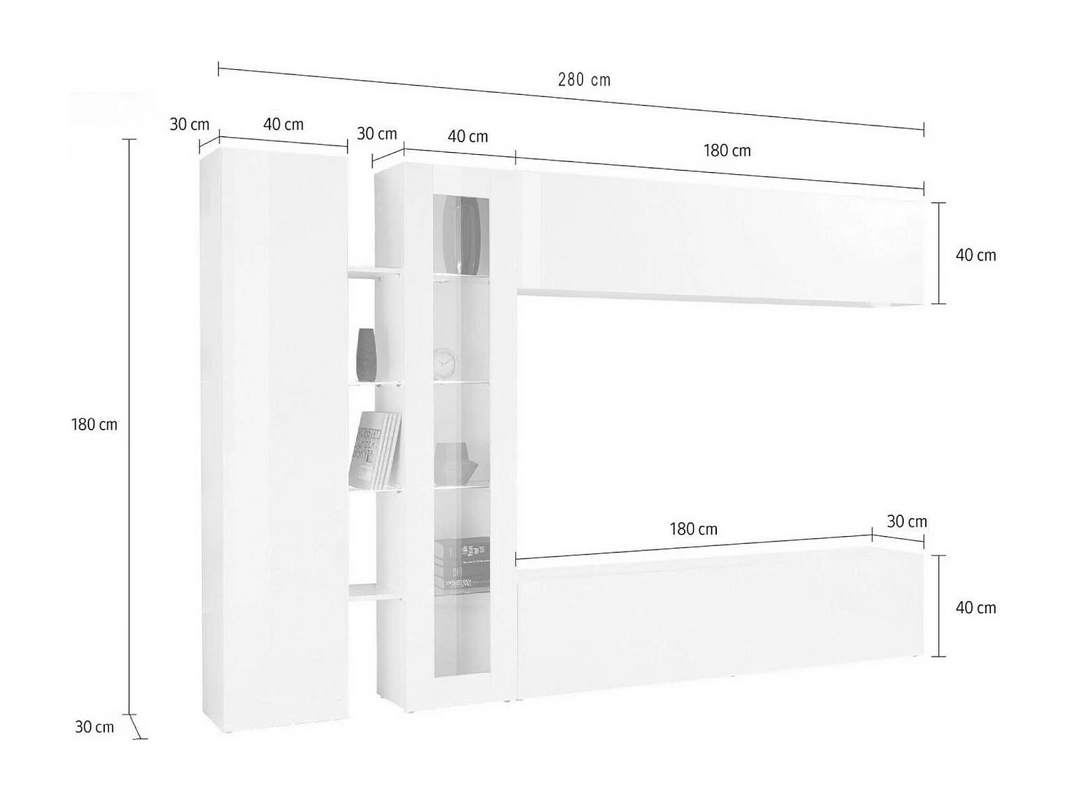 Système mural Costante, meuble TV 4 portes, meuble de salon polyvalent, 100% Made in Italy, 280x30x180 cm, blanc brillant