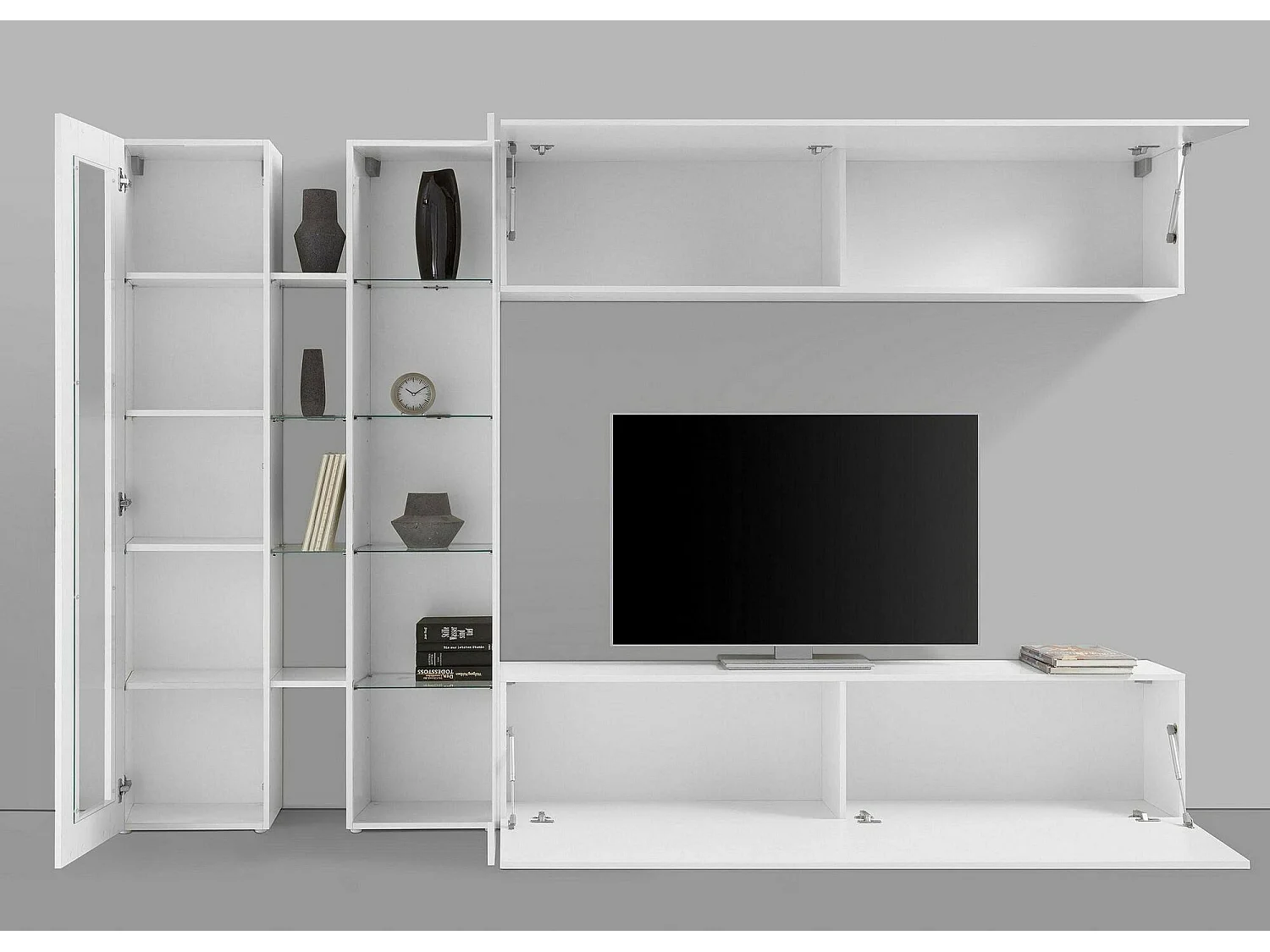 Système mural Costante, meuble TV 4 portes, meuble de salon polyvalent, 100% Made in Italy, 280x30x180 cm, blanc brillant