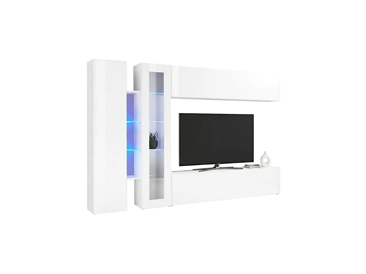 Système mural Costante, meuble TV 4 portes, meuble de salon polyvalent, 100% Made in Italy, 280x30x180 cm, blanc brillant