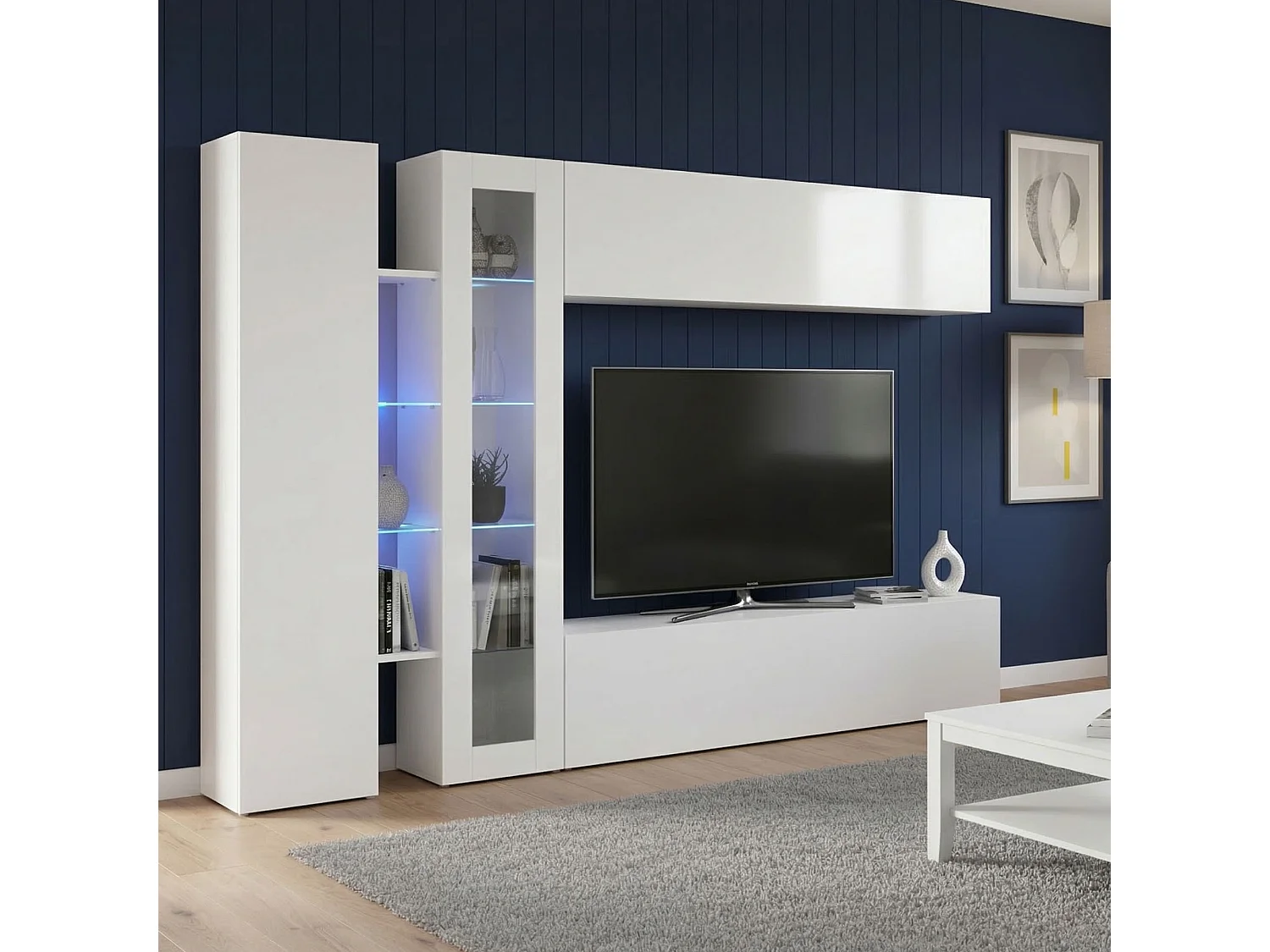 Système mural Costante, meuble TV 4 portes, meuble de salon polyvalent, 100% Made in Italy, 280x30x180 cm, blanc brillant