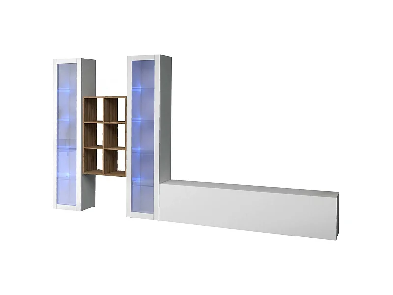 Système mural Eros, meuble TV 3 portes, Meuble de salon polyvalent avec vitrine et lumière LED, 100% Made in Italy, 320x30h180 cm, Blanc brillant