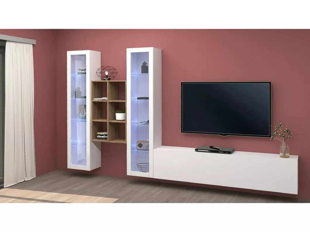 Kauf Unique Wohnzimmermöbel Eros, Wohnzimmer-Set TV-Möbel mit 3 Türen, Mehrzweck-Wohnmöbel mit Vitrine und LED-Licht, 100 % Made in Italy, cm 320x30h180, glänzend weiß