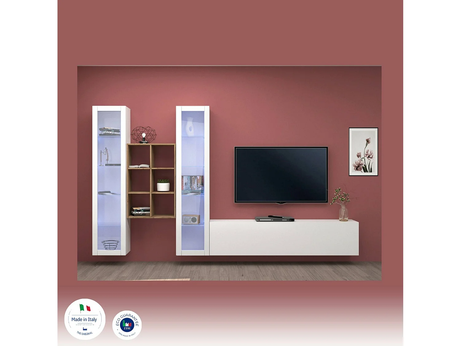 Parete attrezzata Eros, Set salotto porta TV a 3 ante, Mobile soggiorno multiuso con vetrina e luce LED, 100% Made in Italy, cm 320x30h180, Bianco lucido