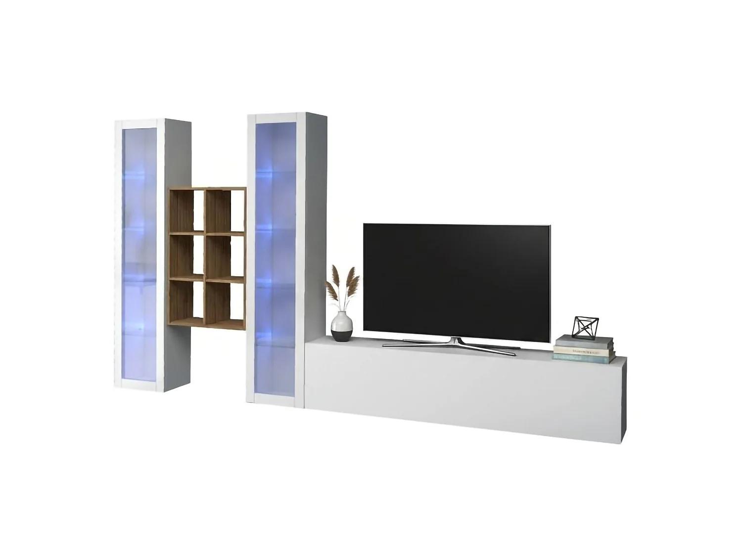 Système mural Eros, meuble TV 3 portes, Meuble de salon polyvalent avec vitrine et lumière LED, 100% Made in Italy, 320x30h180 cm, Blanc brillant