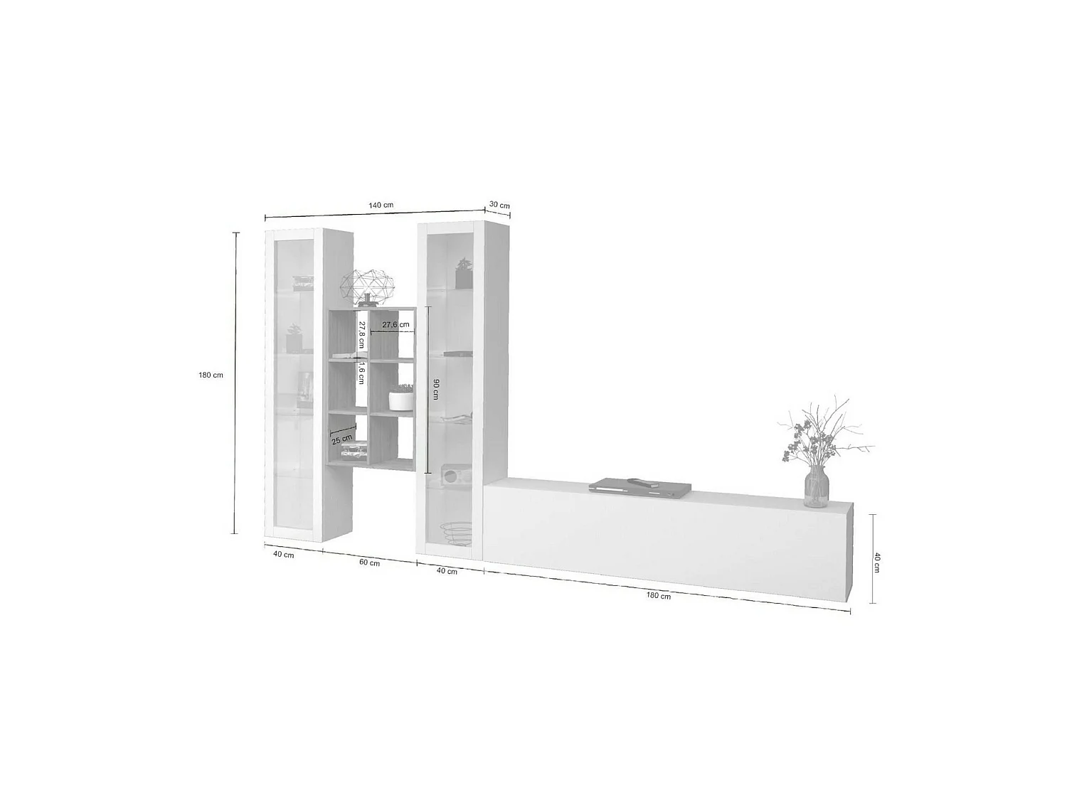 Système mural Eros, meuble TV 3 portes, Meuble de salon polyvalent avec vitrine et lumière LED, 100% Made in Italy, 320x30h180 cm, Blanc brillant