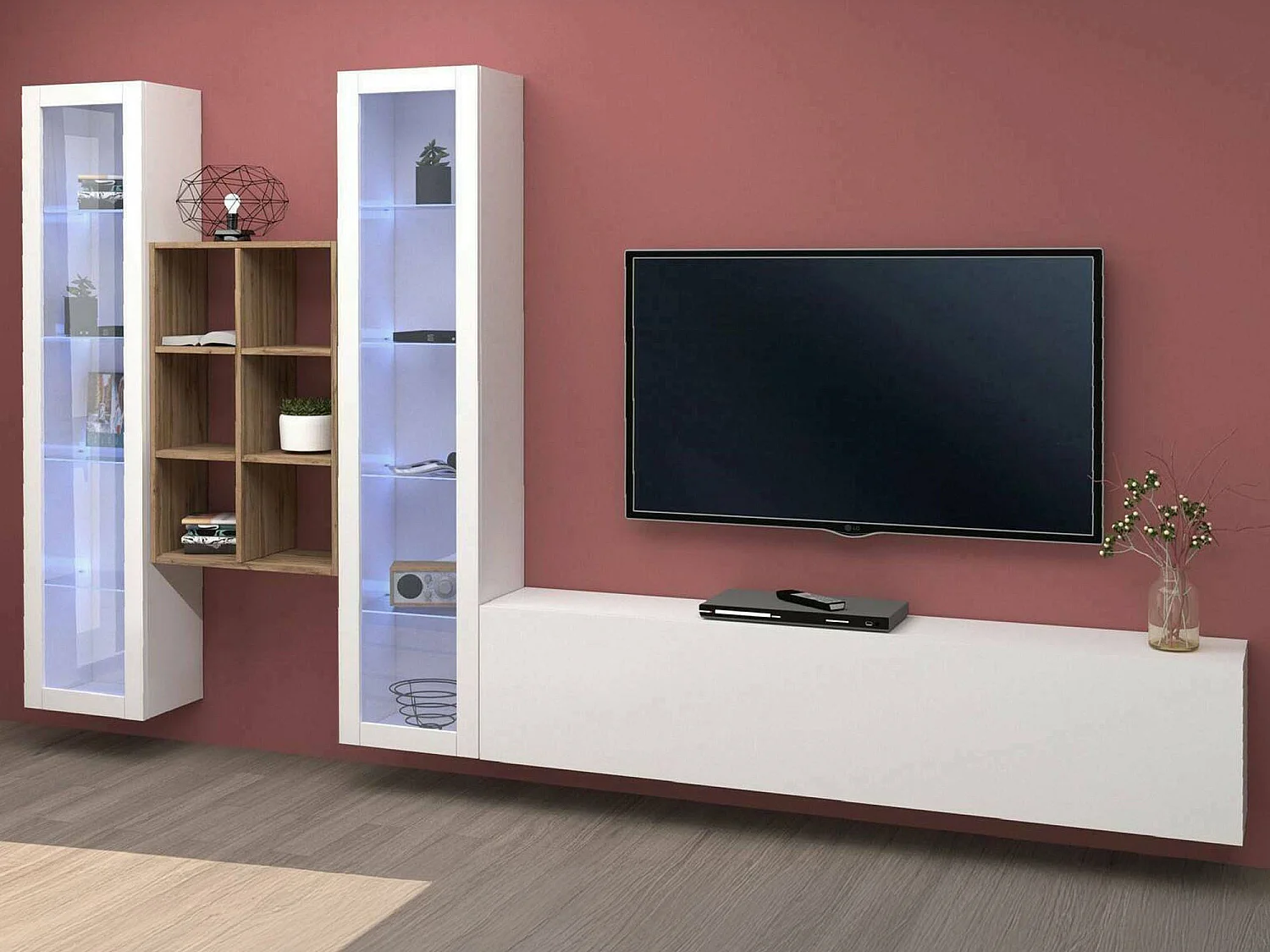 Système mural Eros, meuble TV 3 portes, Meuble de salon polyvalent avec vitrine et lumière LED, 100% Made in Italy, 320x30h180 cm, Blanc brillant