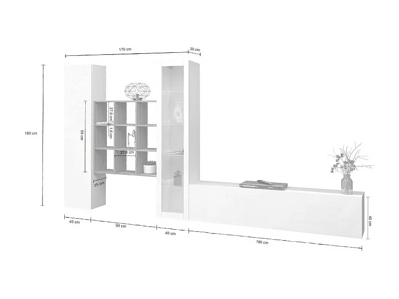 Système mural Davis, meuble TV 3 portes, Meuble de salon polyvalent avec vitrine et lumière LED, 100% Made in Italy, 310x30h180 cm, Blanc brillant et Érable