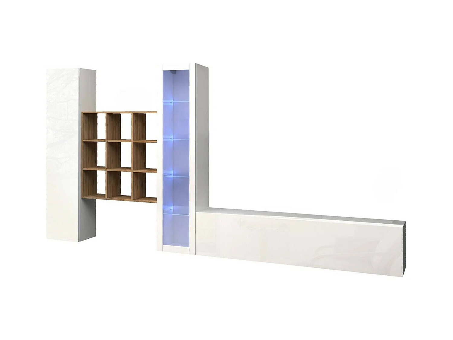 Système mural Davis, meuble TV 3 portes, Meuble de salon polyvalent avec vitrine et lumière LED, 100% Made in Italy, 310x30h180 cm, Blanc brillant et Érable
