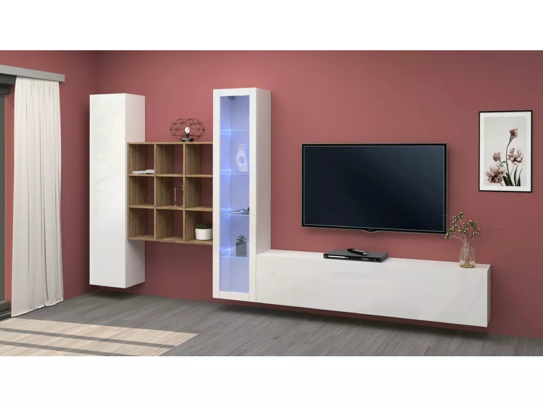 Kauf Unique Wohnzimmermöbel Davis, Wohnzimmer-Set TV-Möbel mit 3 Türen, Mehrzweck-Wohnmöbel mit Vitrine und LED-Licht, 100 % Made in Italy, cm 310x30h180, Hochglanz weiß und Ahorn