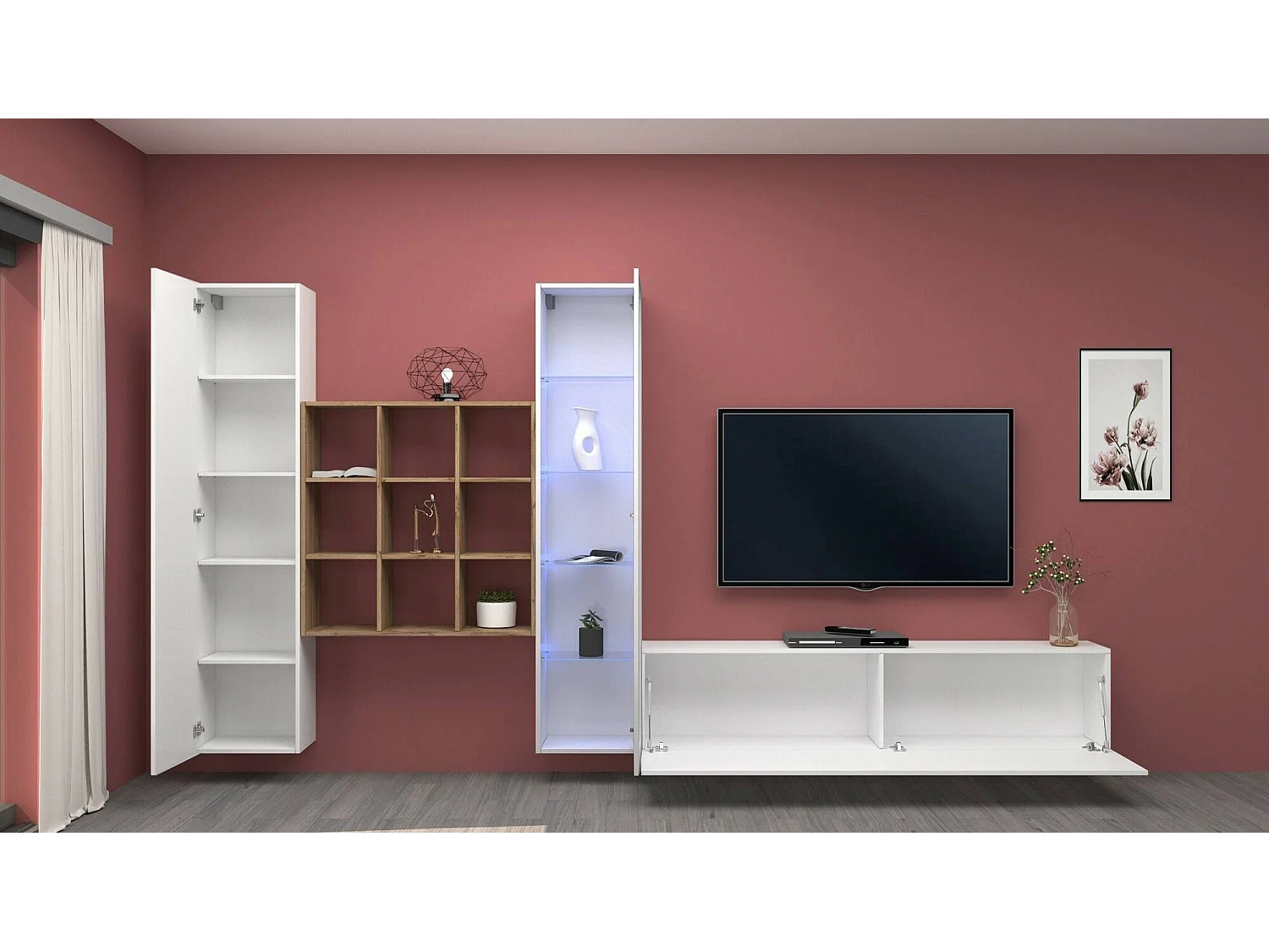 Parete attrezzata Davis, Set salotto porta TV a 3 ante, Mobile soggiorno multiuso con vetrina e luce LED, 100% Made in Italy, cm 310x30h180, Bianco lucido e Acero