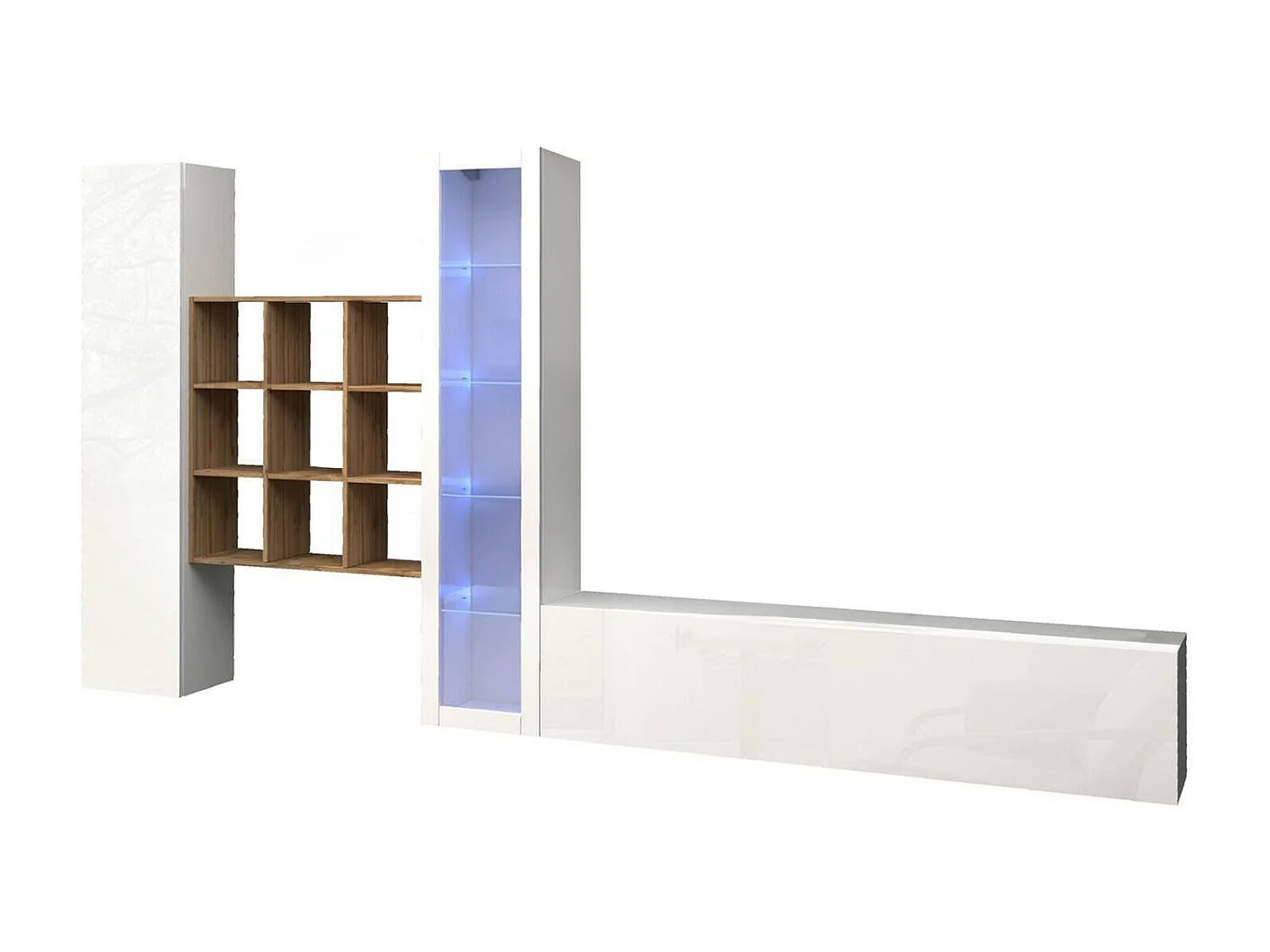 Parete attrezzata Davis, Set salotto porta TV a 3 ante, Mobile soggiorno multiuso con vetrina e luce LED, 100% Made in Italy, cm 310x30h180, Bianco lucido e Acero