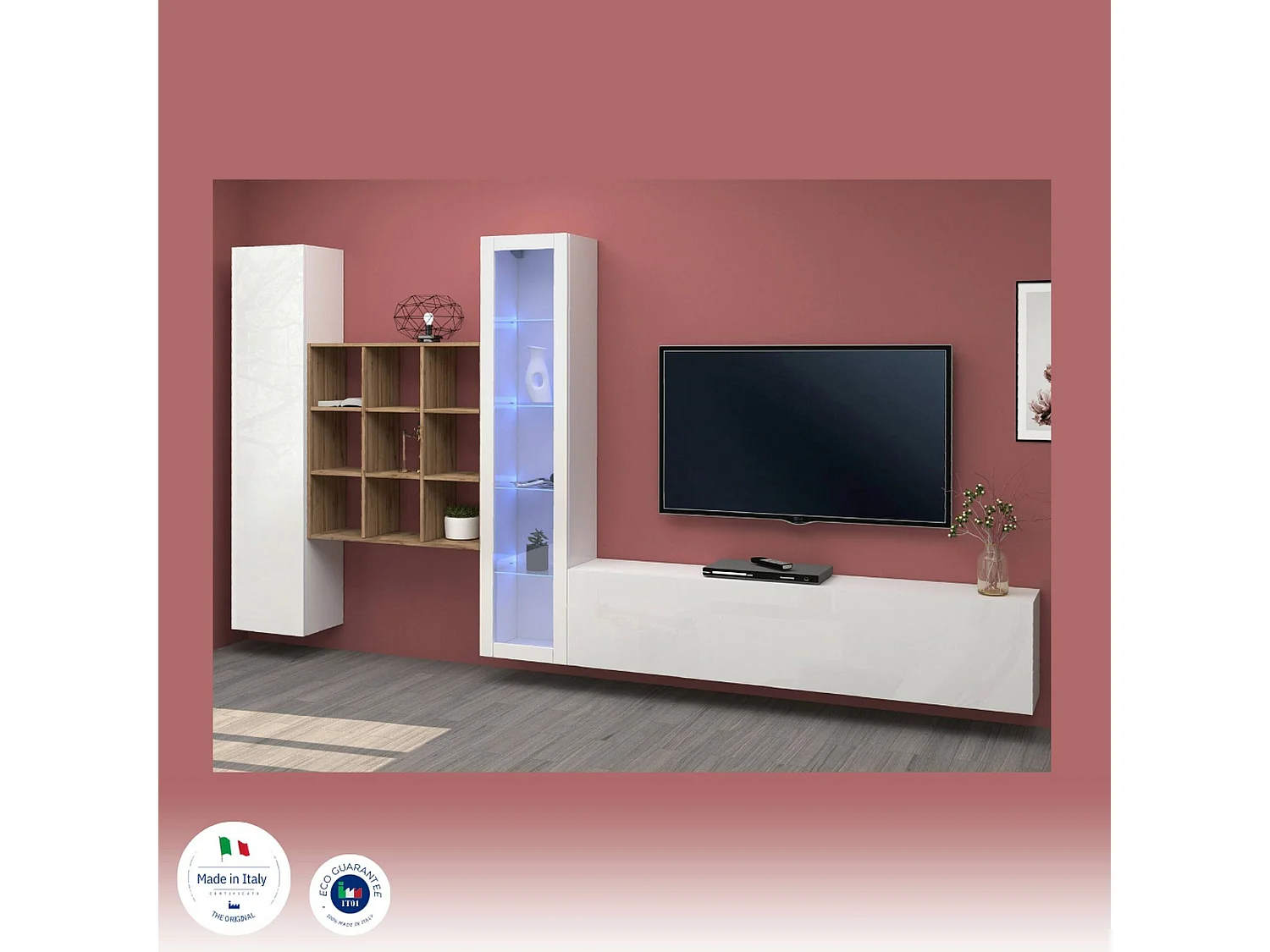 Parete attrezzata Davis, Set salotto porta TV a 3 ante, Mobile soggiorno multiuso con vetrina e luce LED, 100% Made in Italy, cm 310x30h180, Bianco lucido e Acero