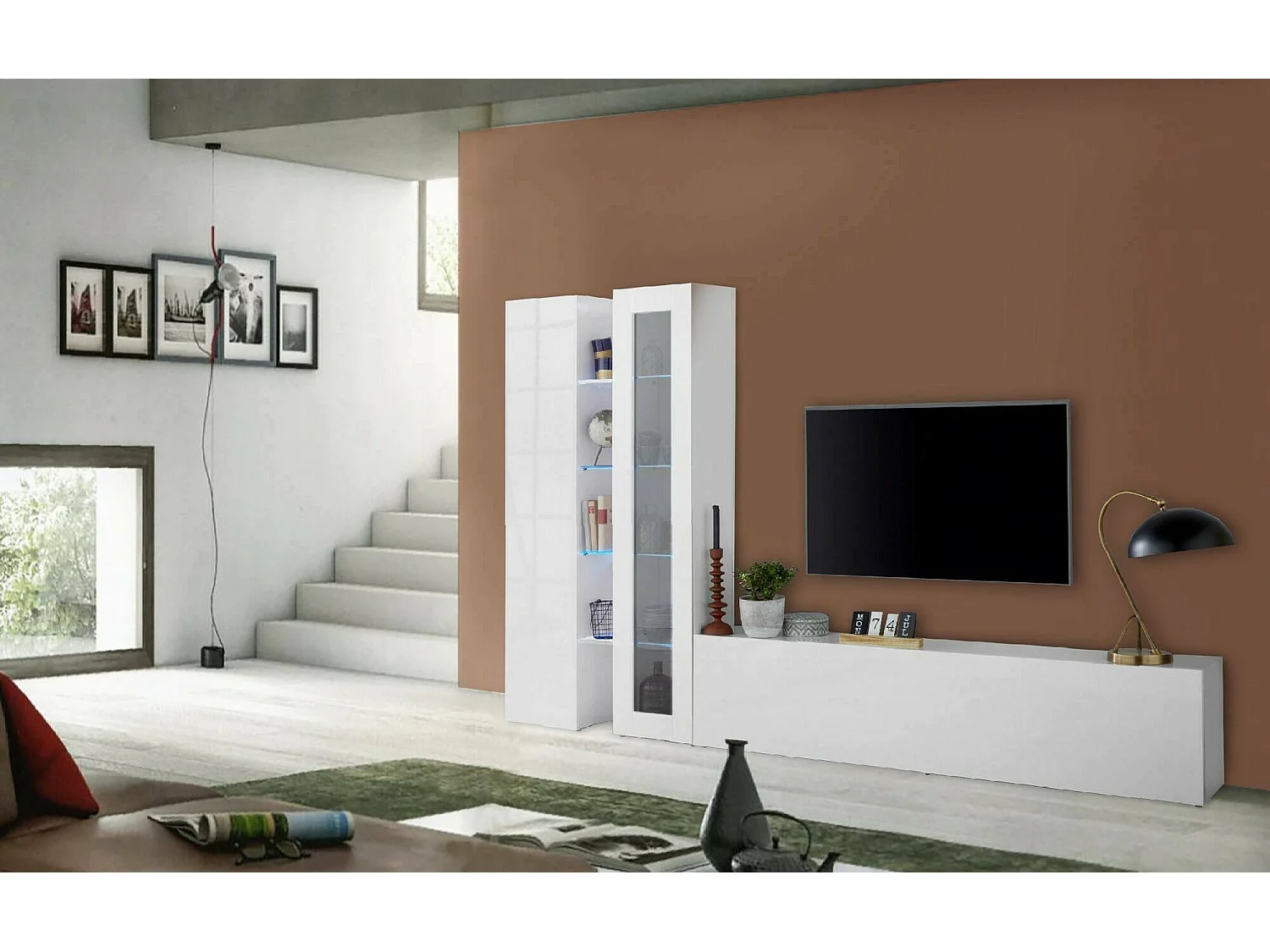 Dmora Wandmeubel Dimitri 30x280x180h cm Glanzend Wit 13 Planken, Draaideuren en Kleppen, 3 Deuren Made in Italy