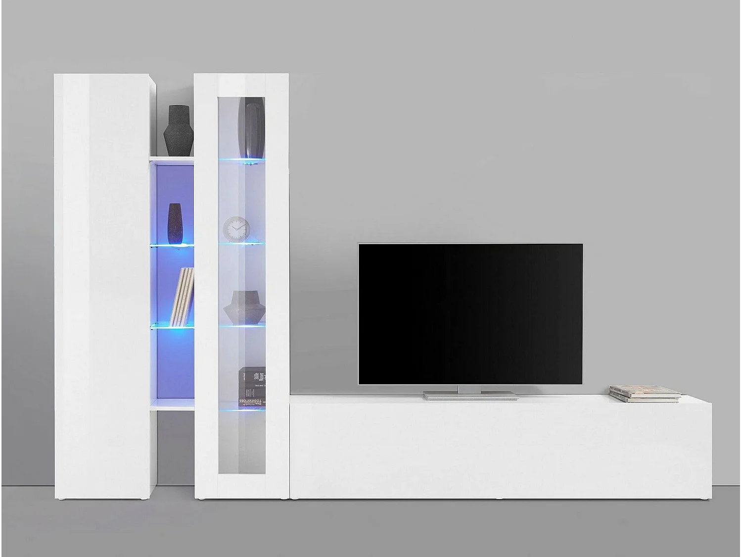 Parete attrezzata Dimitri, Set salotto porta TV a 3 ante, Mobile soggiorno multiuso con vetrina e luce LED, 100% Made in Italy, cm 280x30h180, Bianco lucido